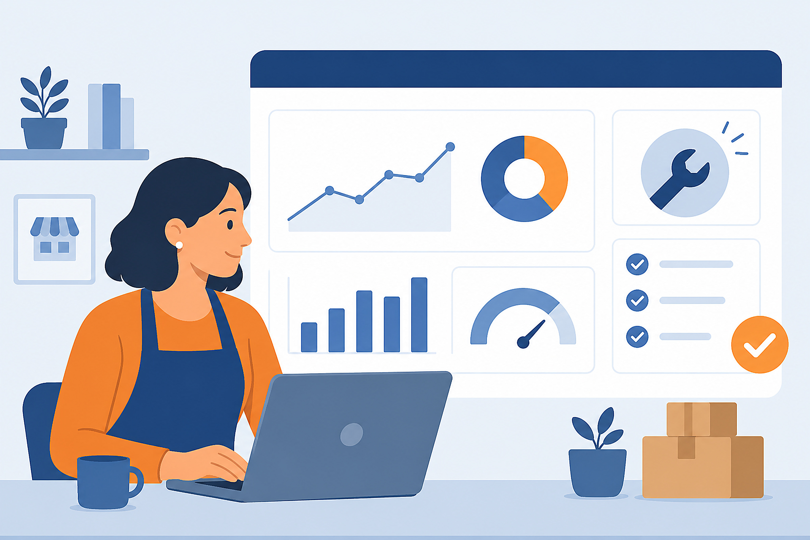 Illustration of a small business owner reviewing a dashboard checklist with a wrench icon