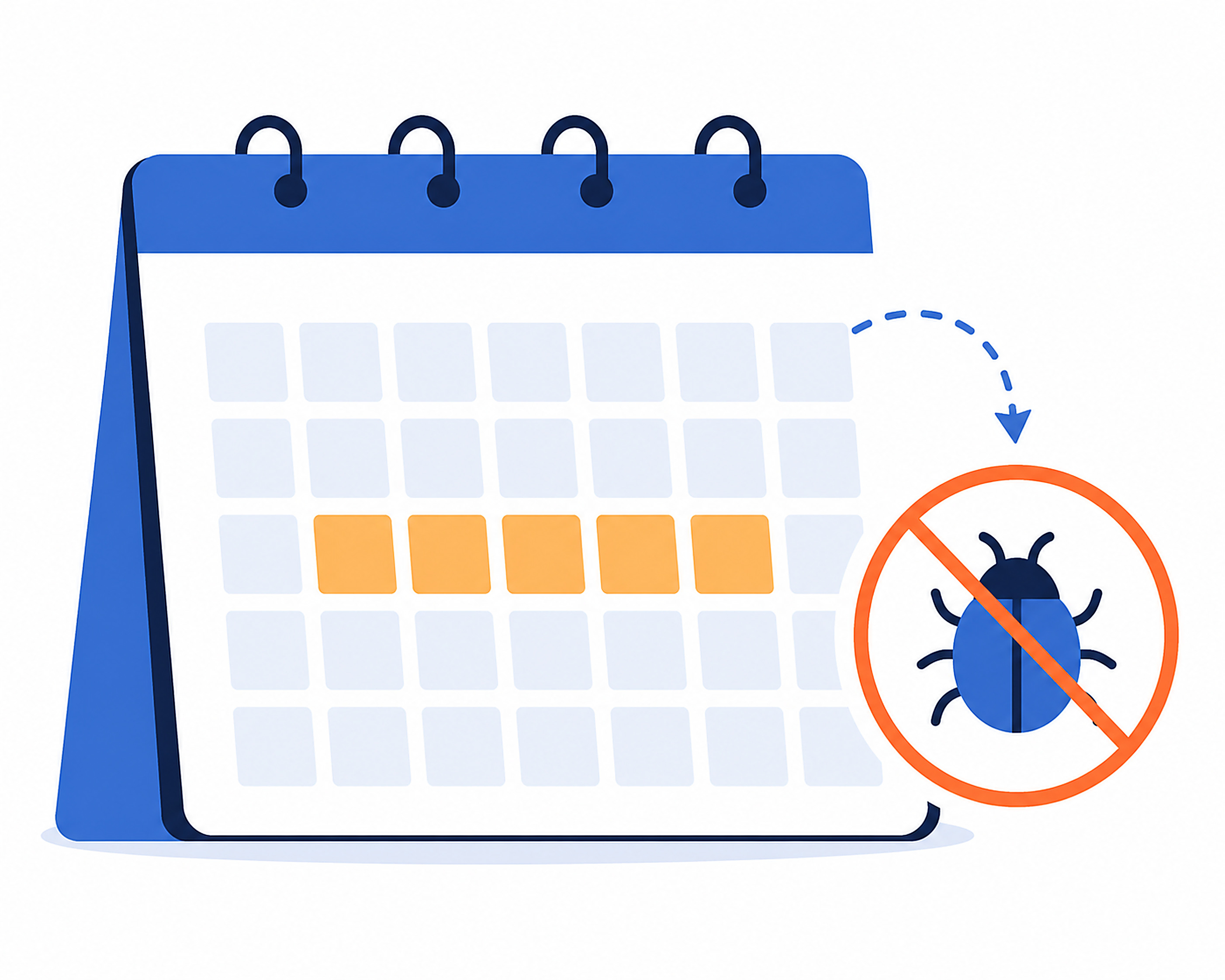 Illustration of a calendar week with a bug icon being crossed out