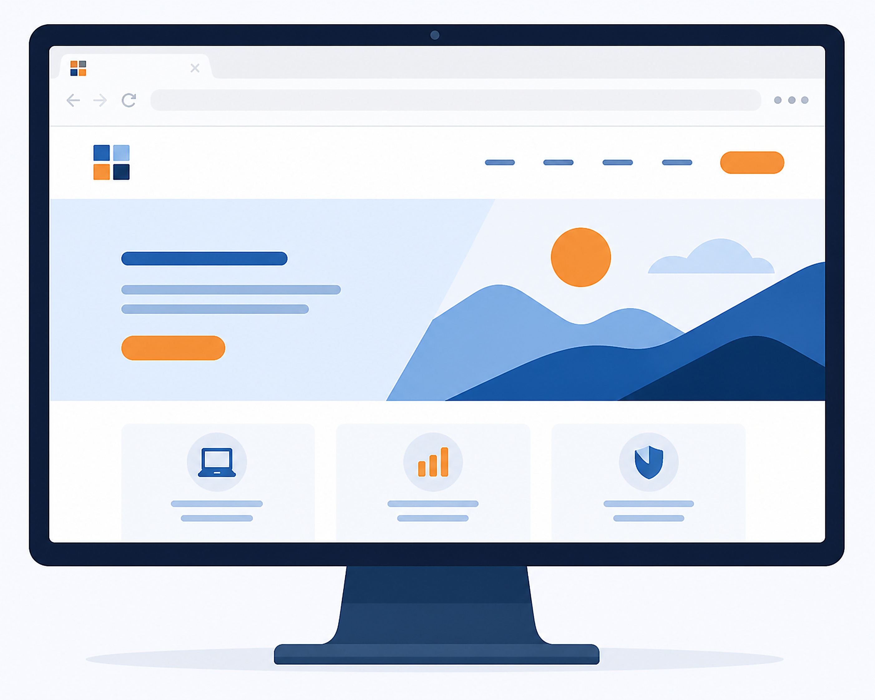 Illustration of a website homepage mockup on a monitor with a small colorful icon in the browser tab