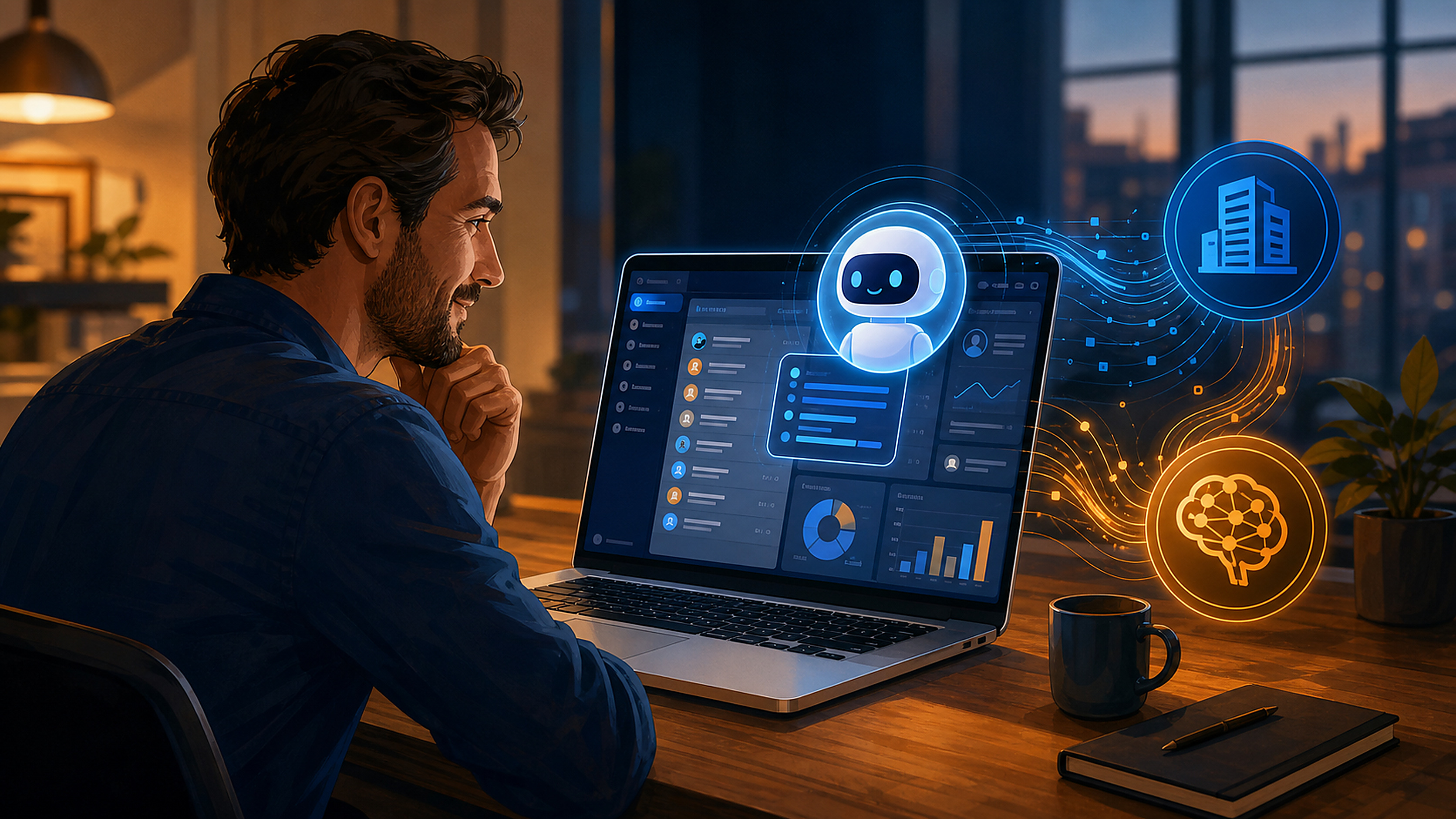 Editorial illustration of a professional viewing an AI assistant linked to a CRM dashboard on a laptop, with data flowing toward enterprise and AI icons.