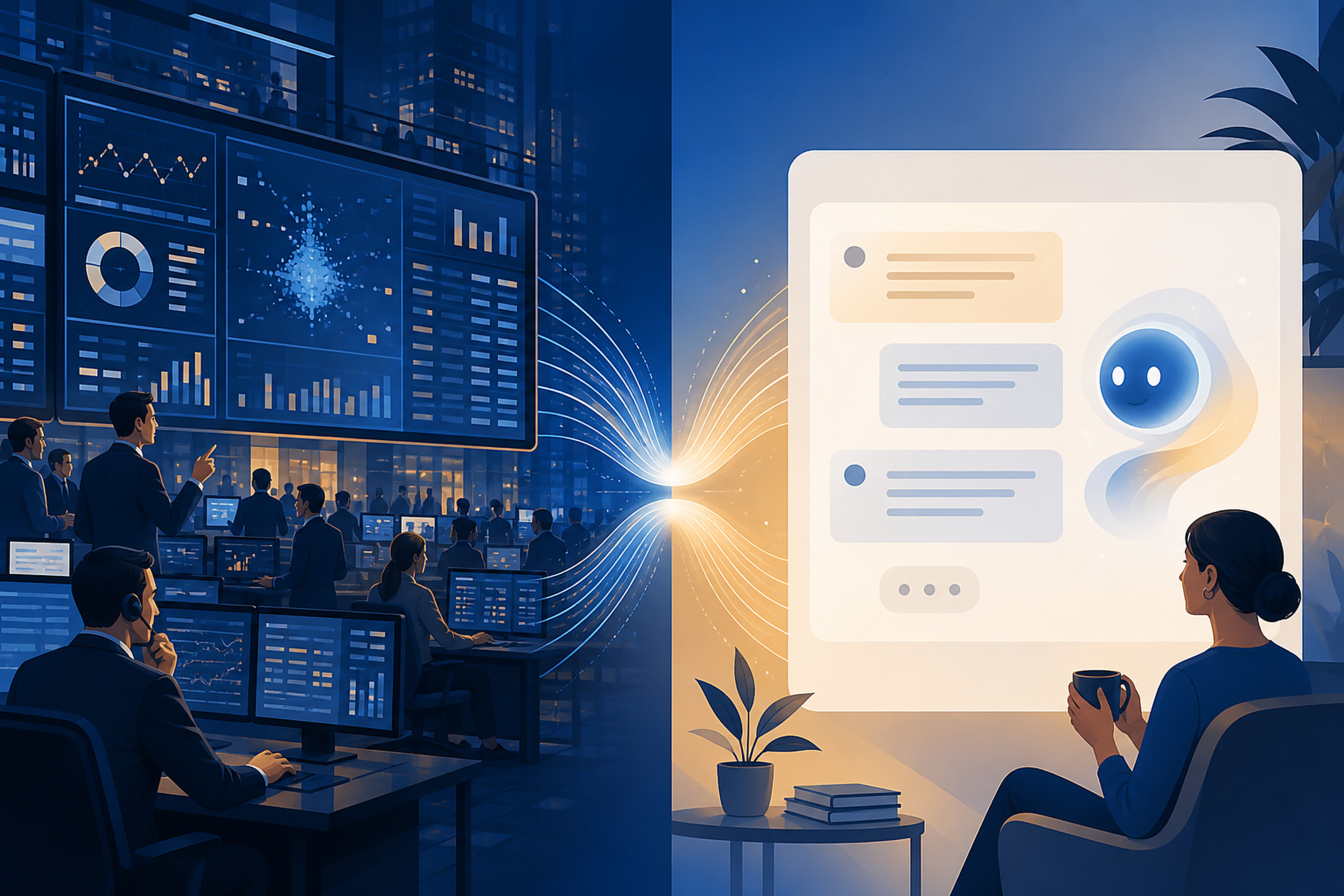 Original illustration of complex enterprise data turning into a simple conversation with an AI assistant.