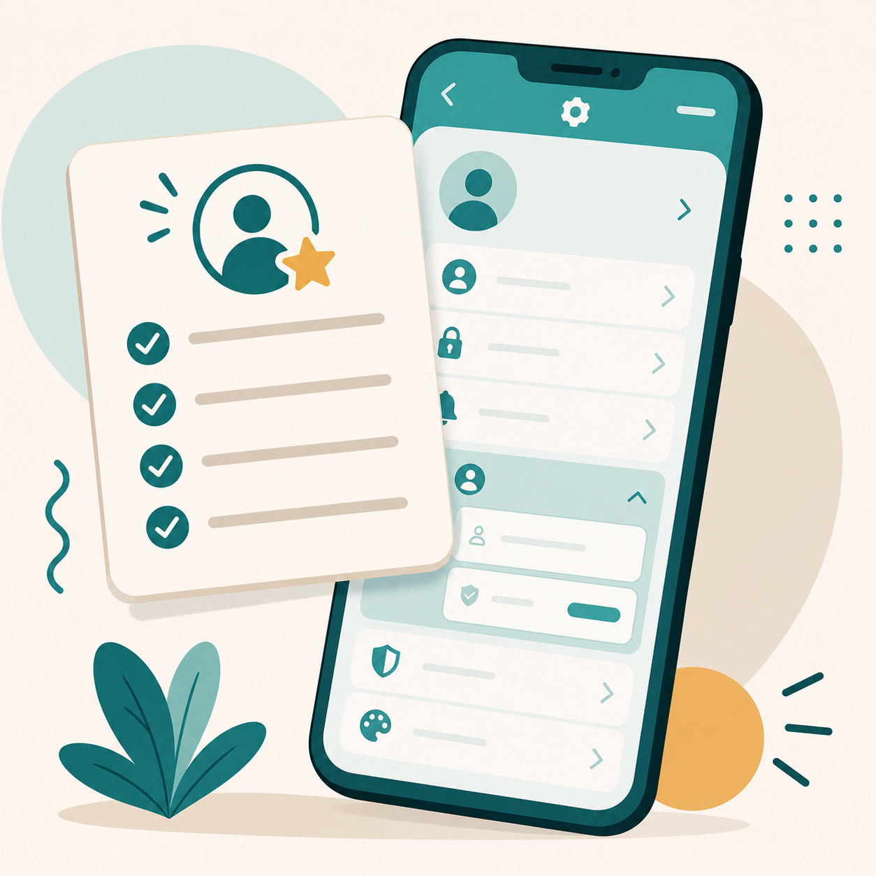 Ilustrasi datar kartu daftar periksa melayang di atas ponsel yang menampilkan menu pengaturan reservasi username