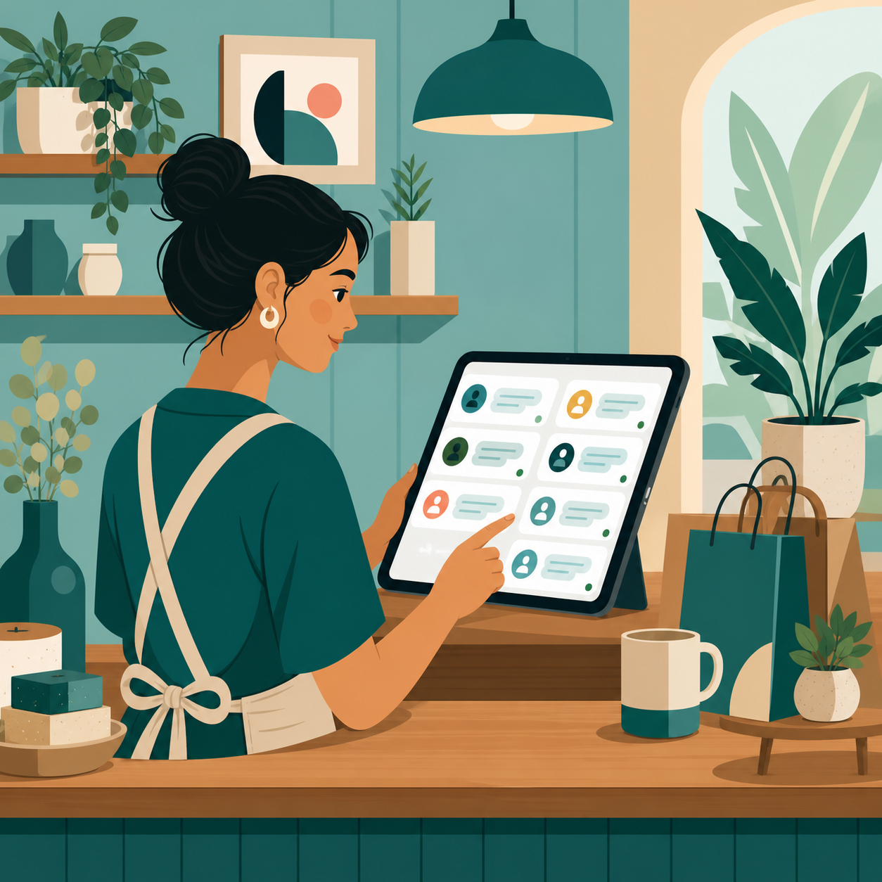 Ilustrasi datar pemilik usaha kecil di belakang meja melihat tablet dengan beberapa utas obrolan pelanggan berbentuk ikon gelembung abstrak