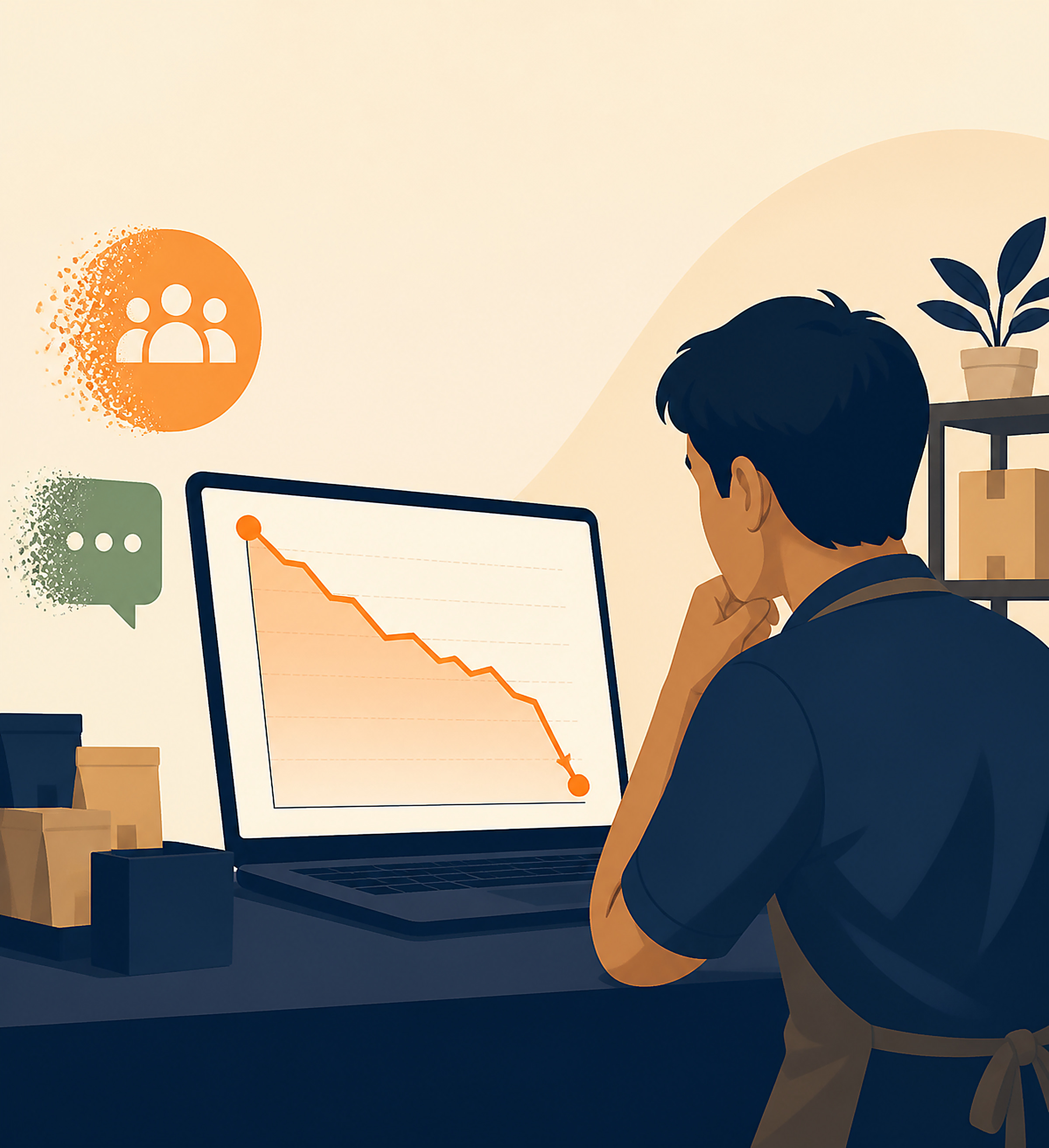 Flat illustration of a line chart on a laptop screen showing a sudden cliff-shaped drop, with small forum and chat bubble icons fading beside the falling line