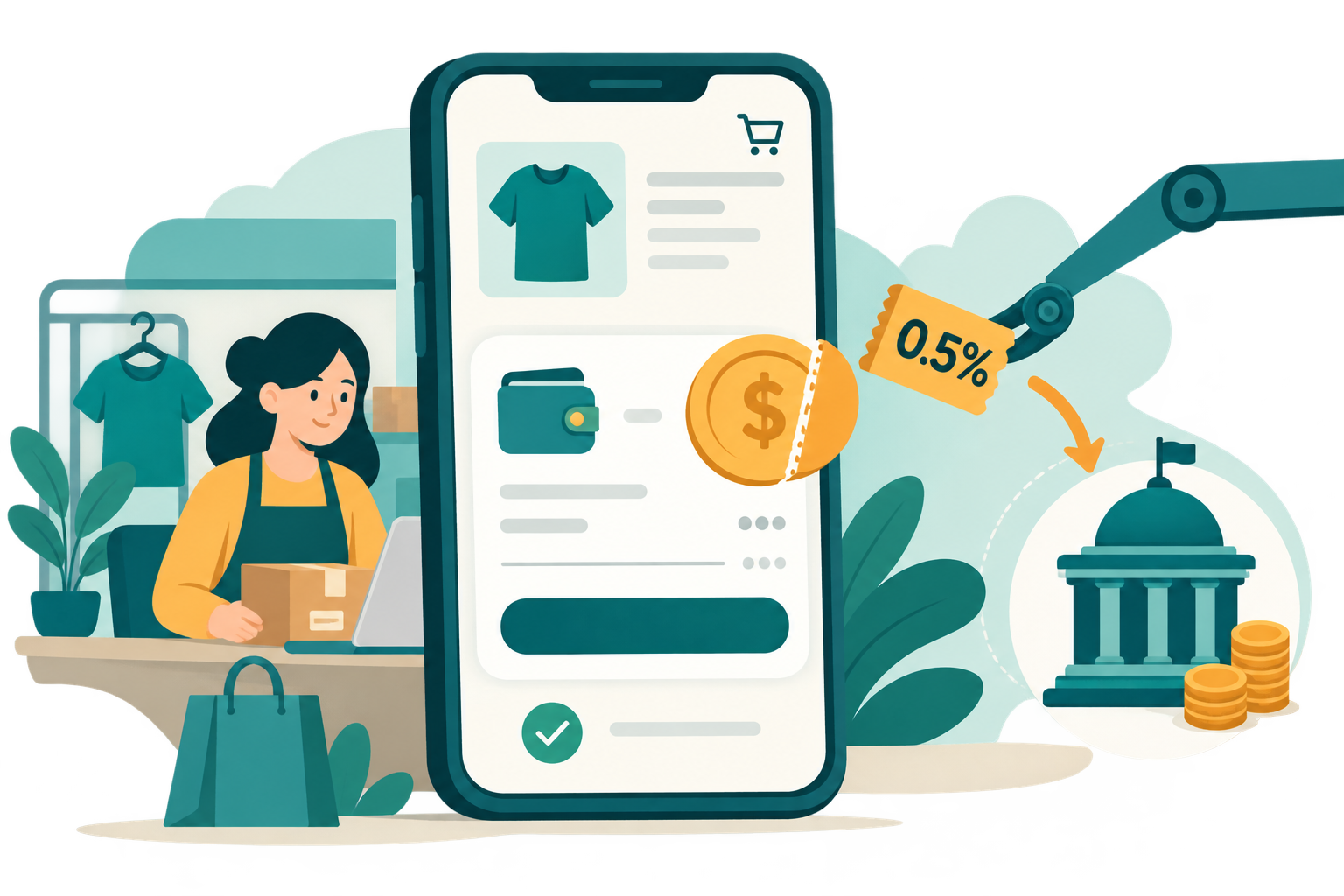 Editorial flat vector illustration of a phone showing an online store checkout with a small tax percentage tag automatically clipped from a payment icon, teal and cream palette