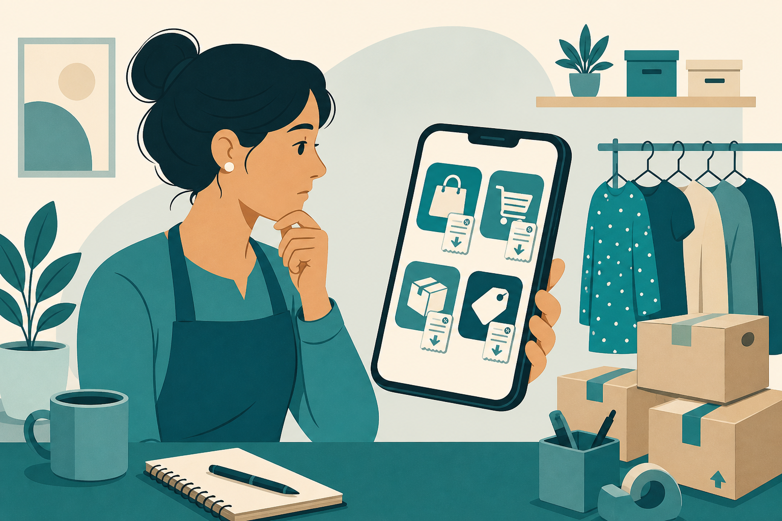 Flat vector illustration of a small business owner looking at a phone with four generic marketplace icons, each attached to a small tax receipt icon