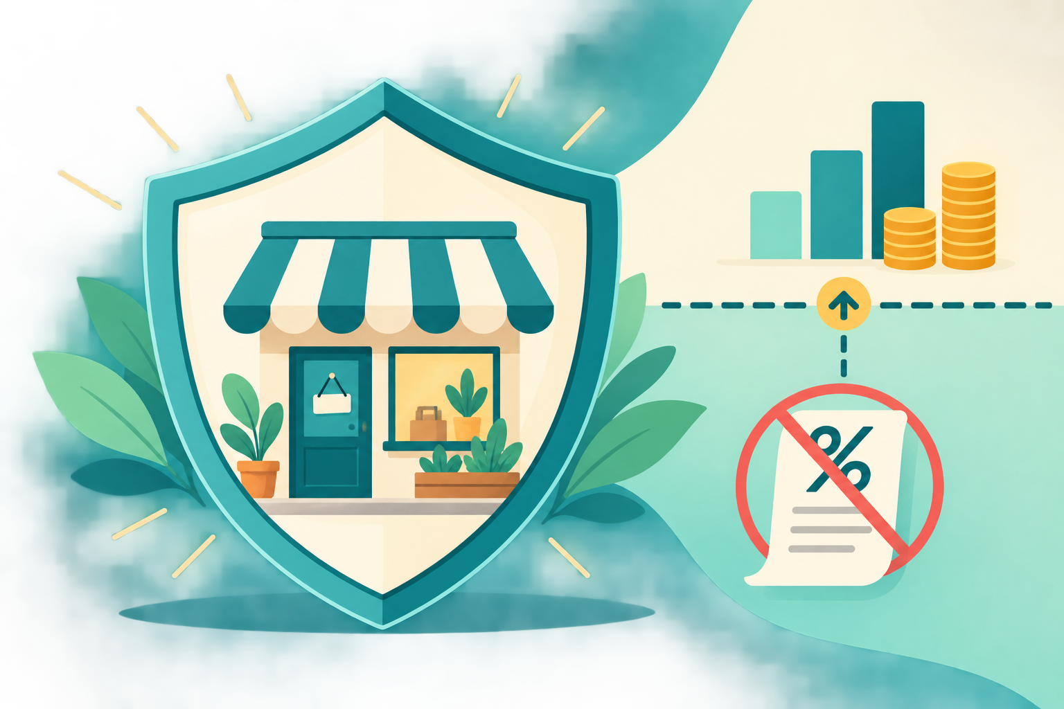 Flat vector illustration of a shield icon protecting a small storefront icon
