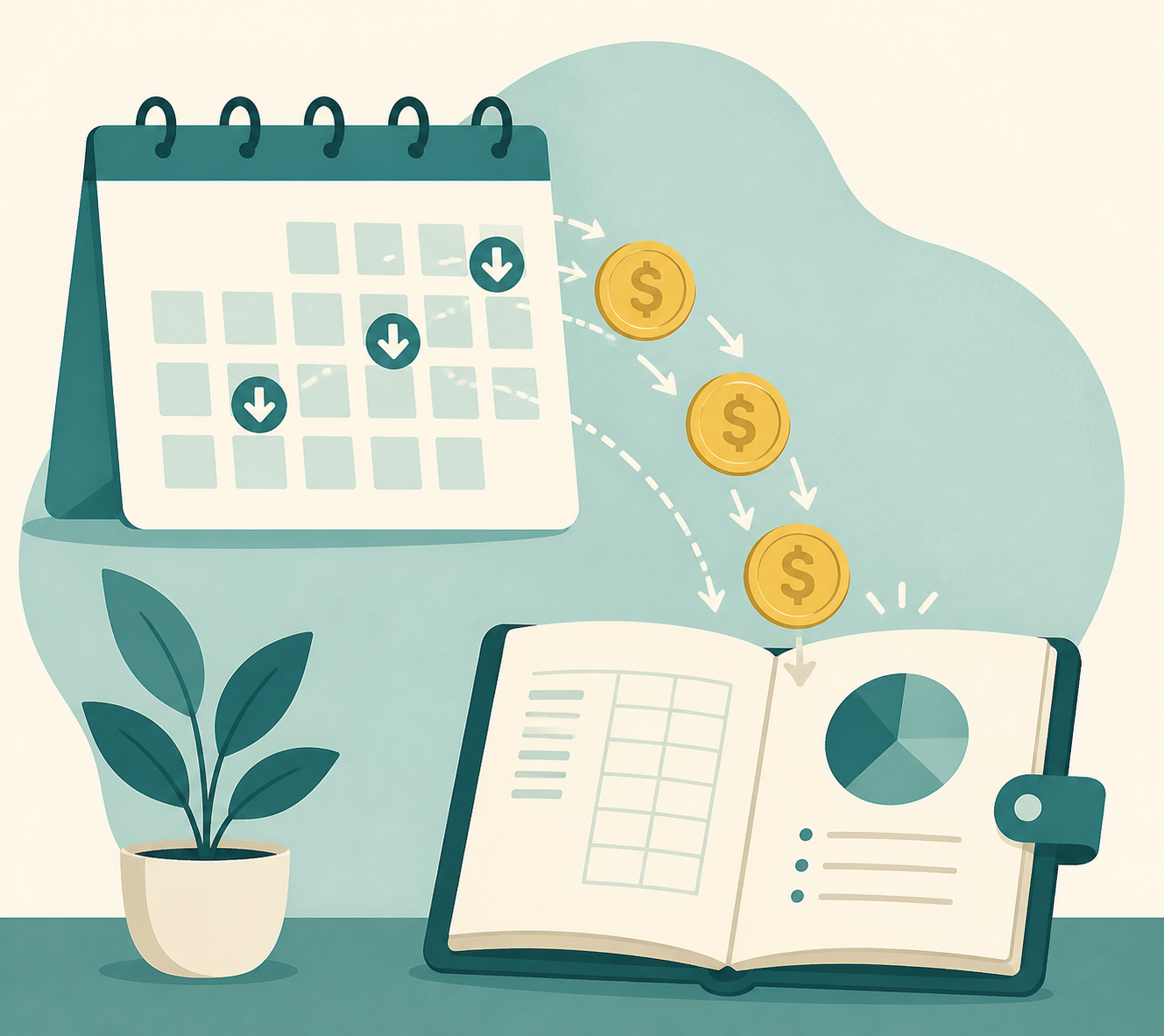 Flat vector illustration of a calendar and coins flowing into a small ledger book