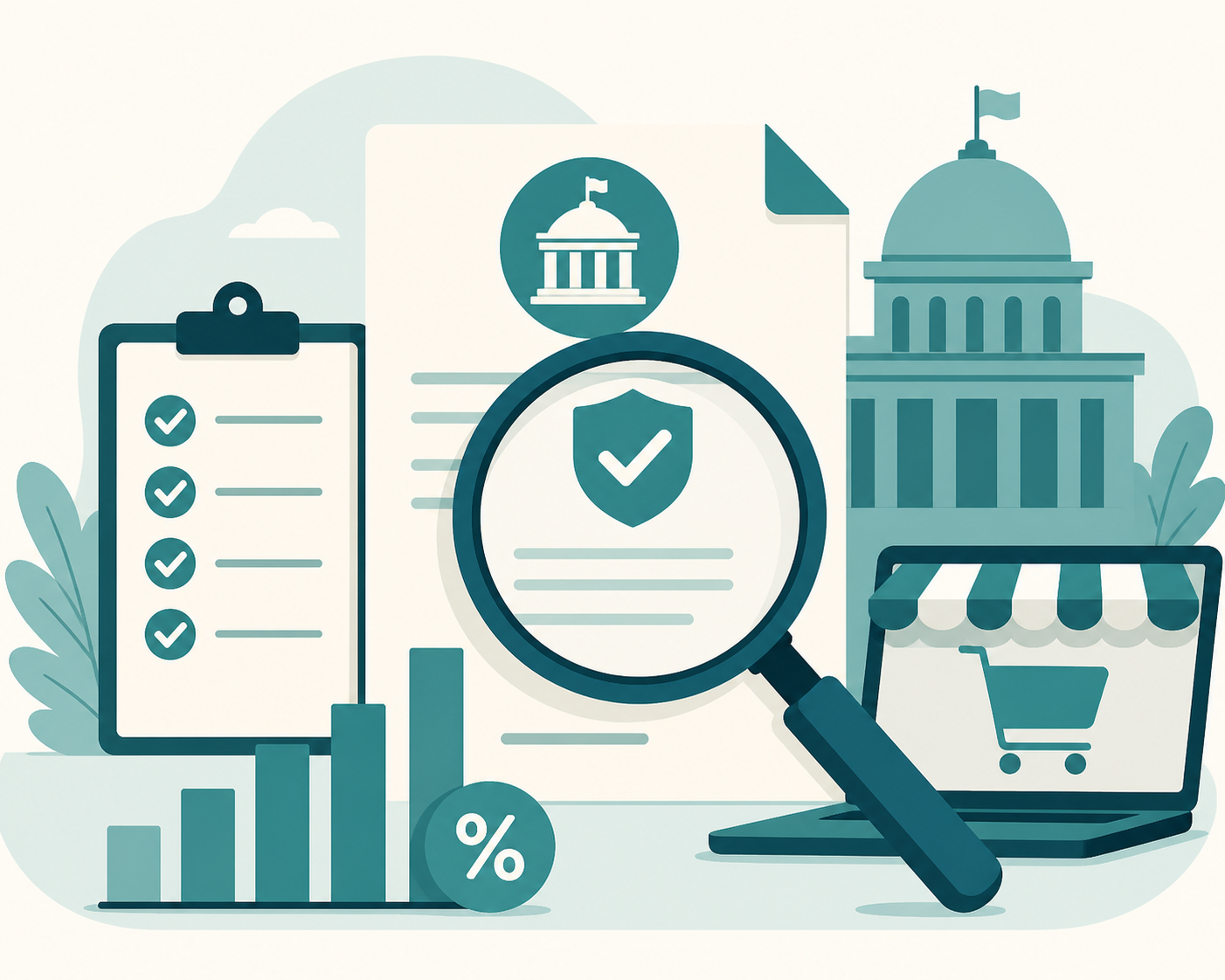 Flat vector illustration of a magnifying glass over a bar chart with a checklist and document icon