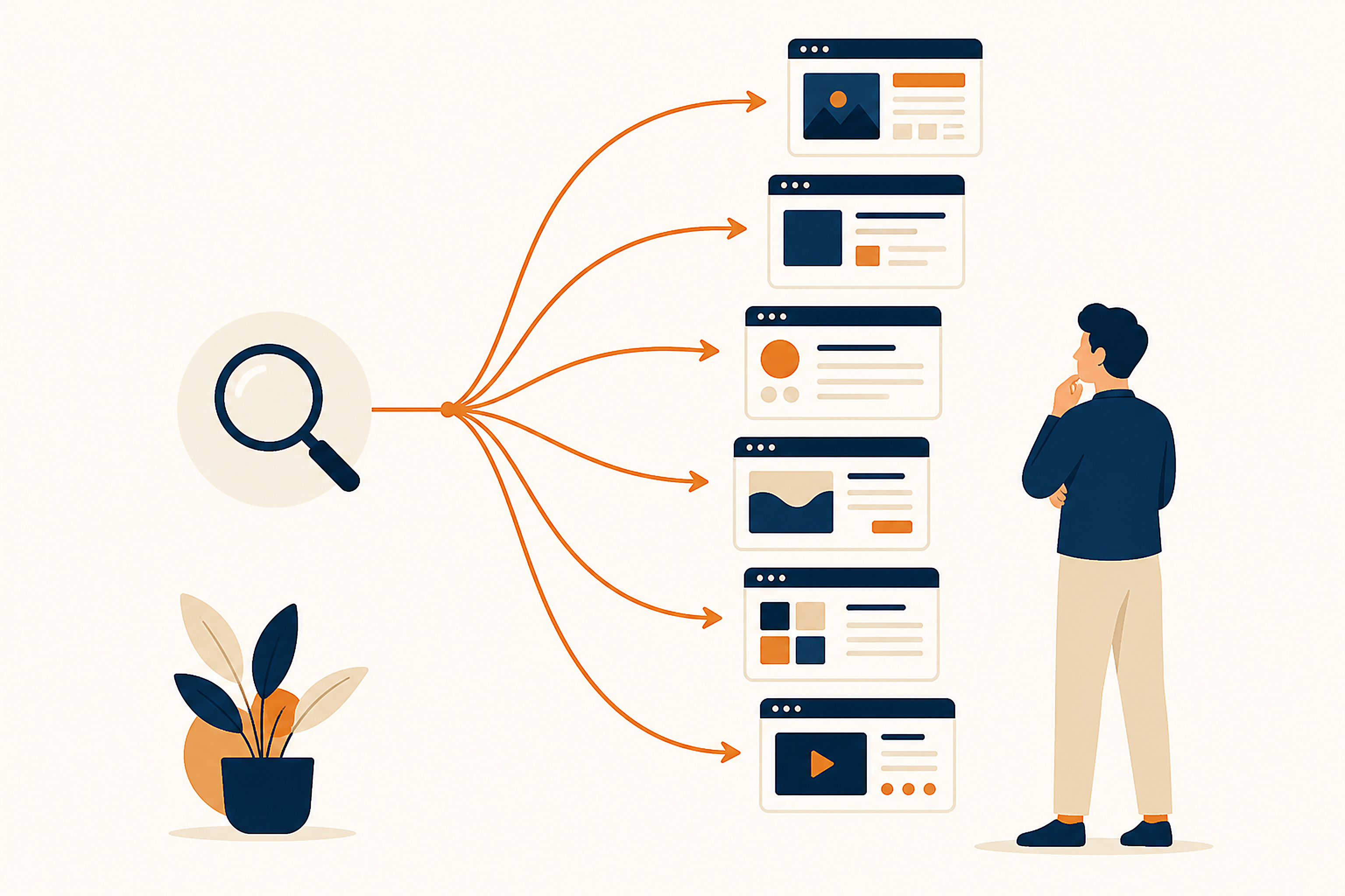 Flat illustration of one search query splitting into several smaller arrows, each pointing at a different specific website icon instead of a general web icon