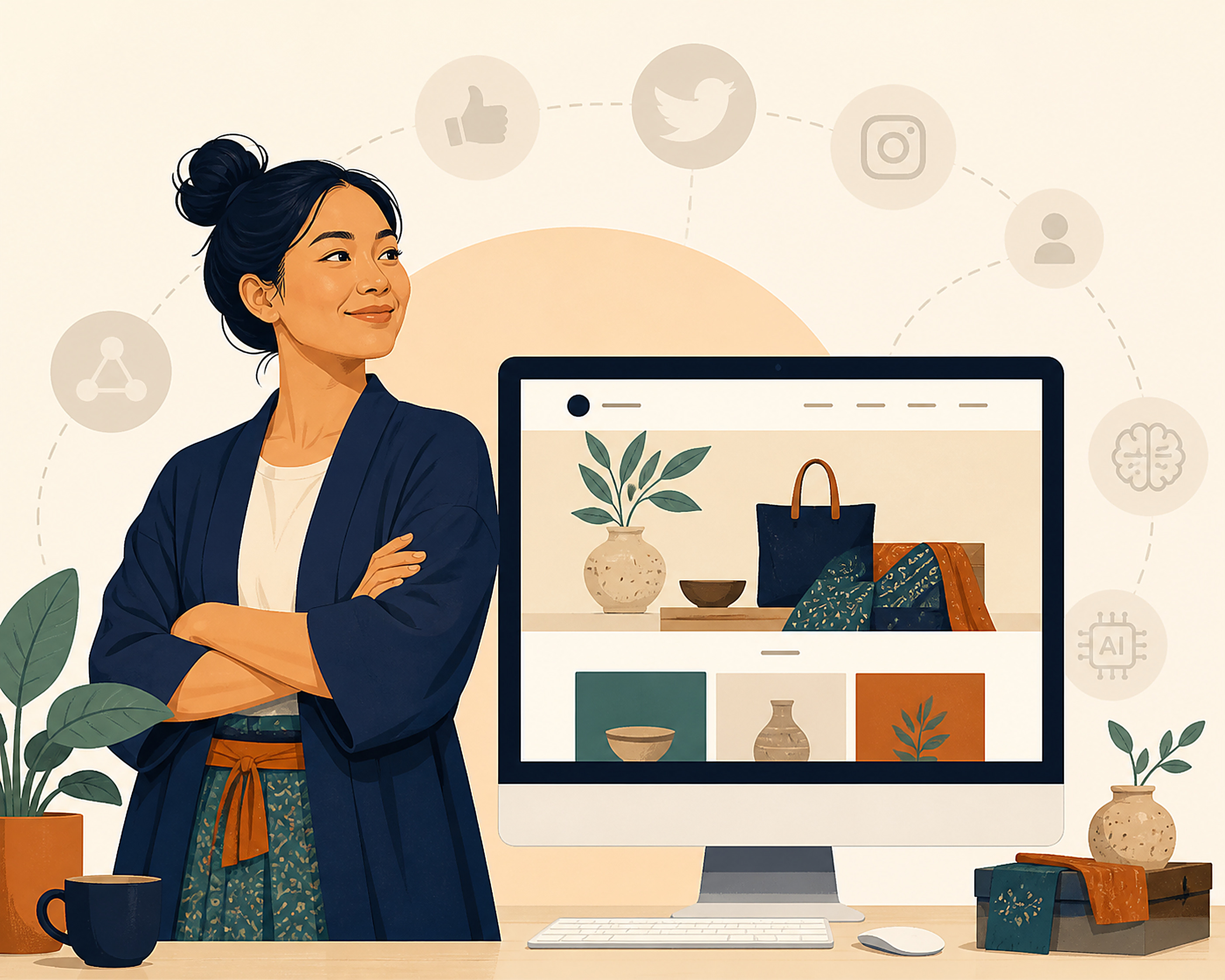 Flat illustration of a small business owner standing confidently in front of their own website on a monitor, with faded, disconnected icons of other platforms floating in the background