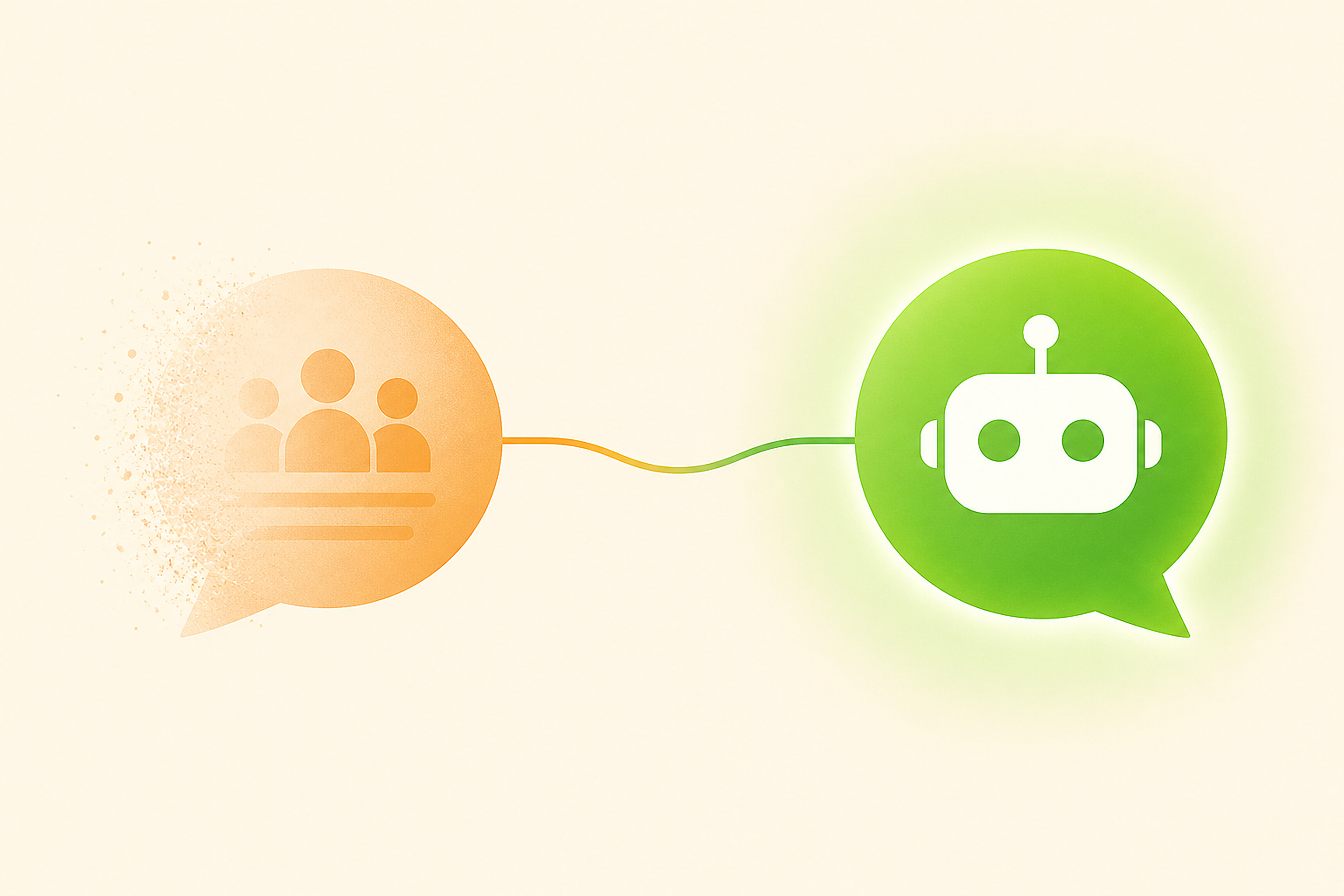 Flat illustration contrasting a fading orange forum bubble icon with a glowing green AI chat bubble icon