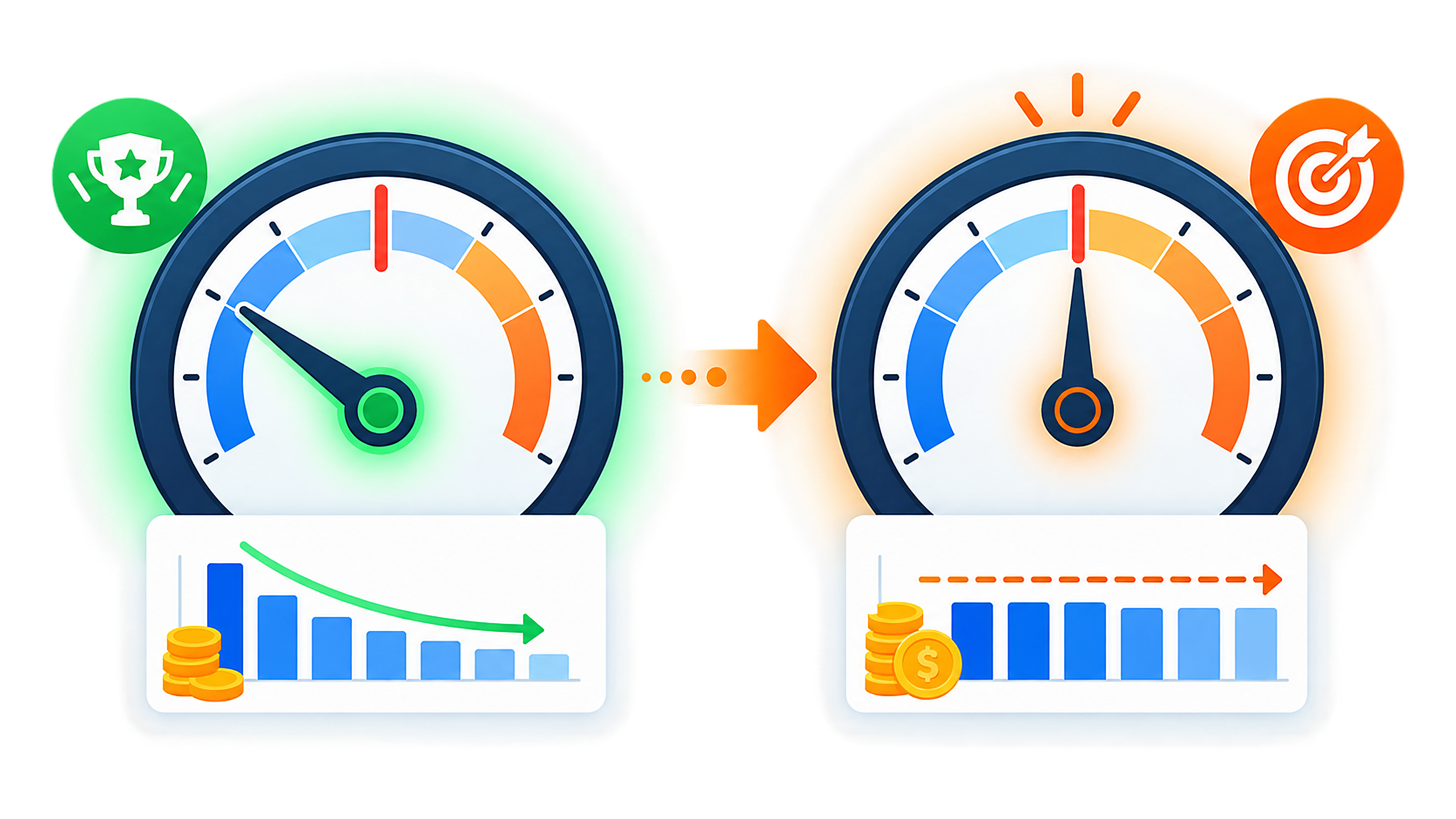 Flat vector infographic comparing two speedometer gauges, one with the needle far below a target line and one with the needle exactly on the target line
