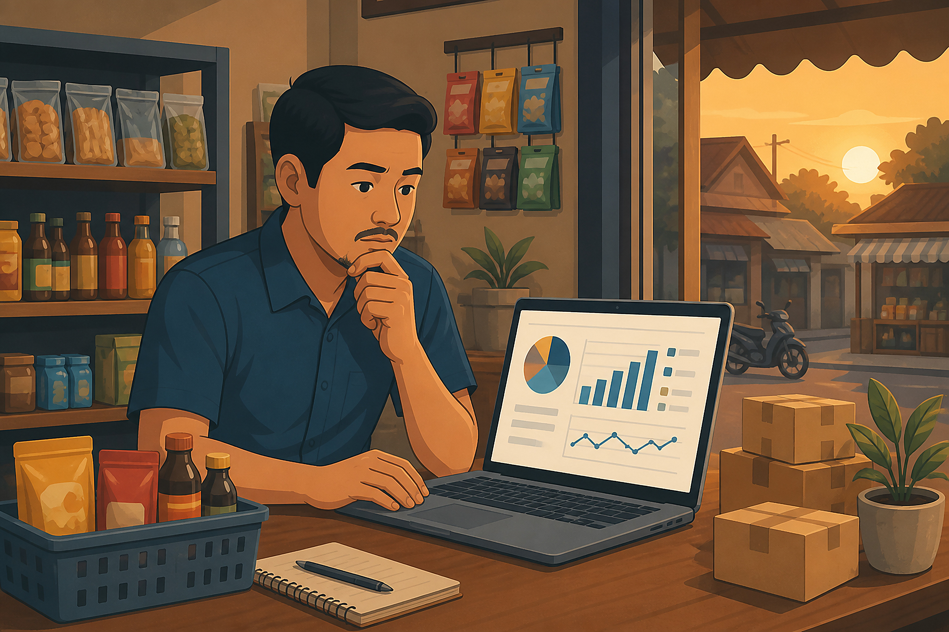 Illustration of a small shop owner looking at a laptop showing a simple advertising budget chart inside a small storefront