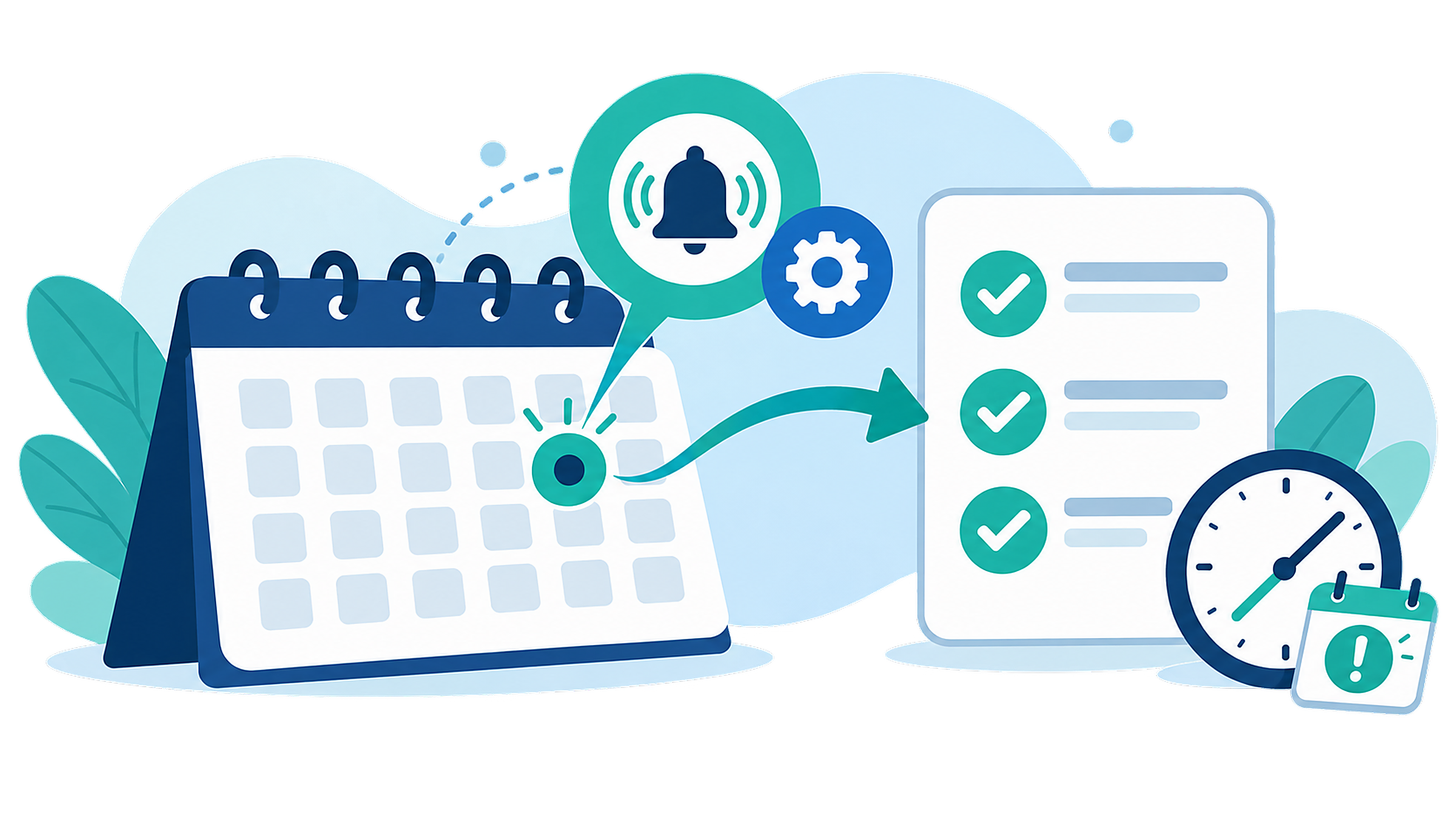 Flat vector diagram of a calendar with a highlighted date marker and a checklist representing steps to review settings before a deadline