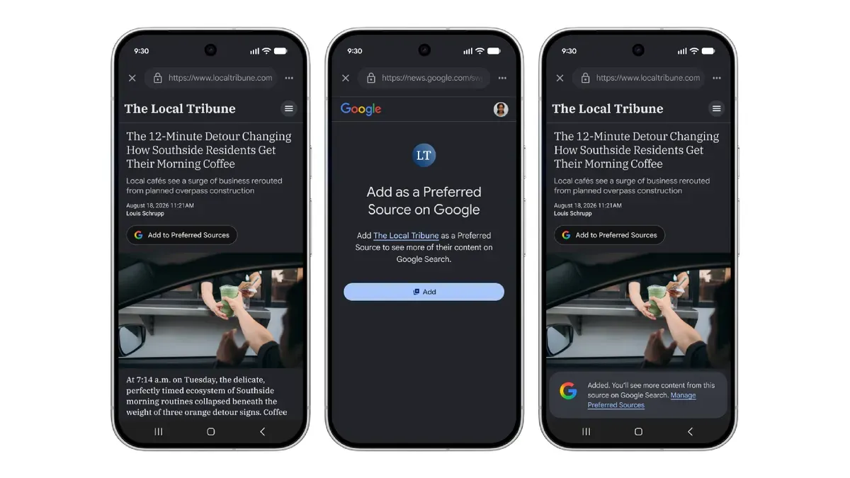 Official product image showing three phone renderings of Google's new interactive Preferred Sources button being added by a reader