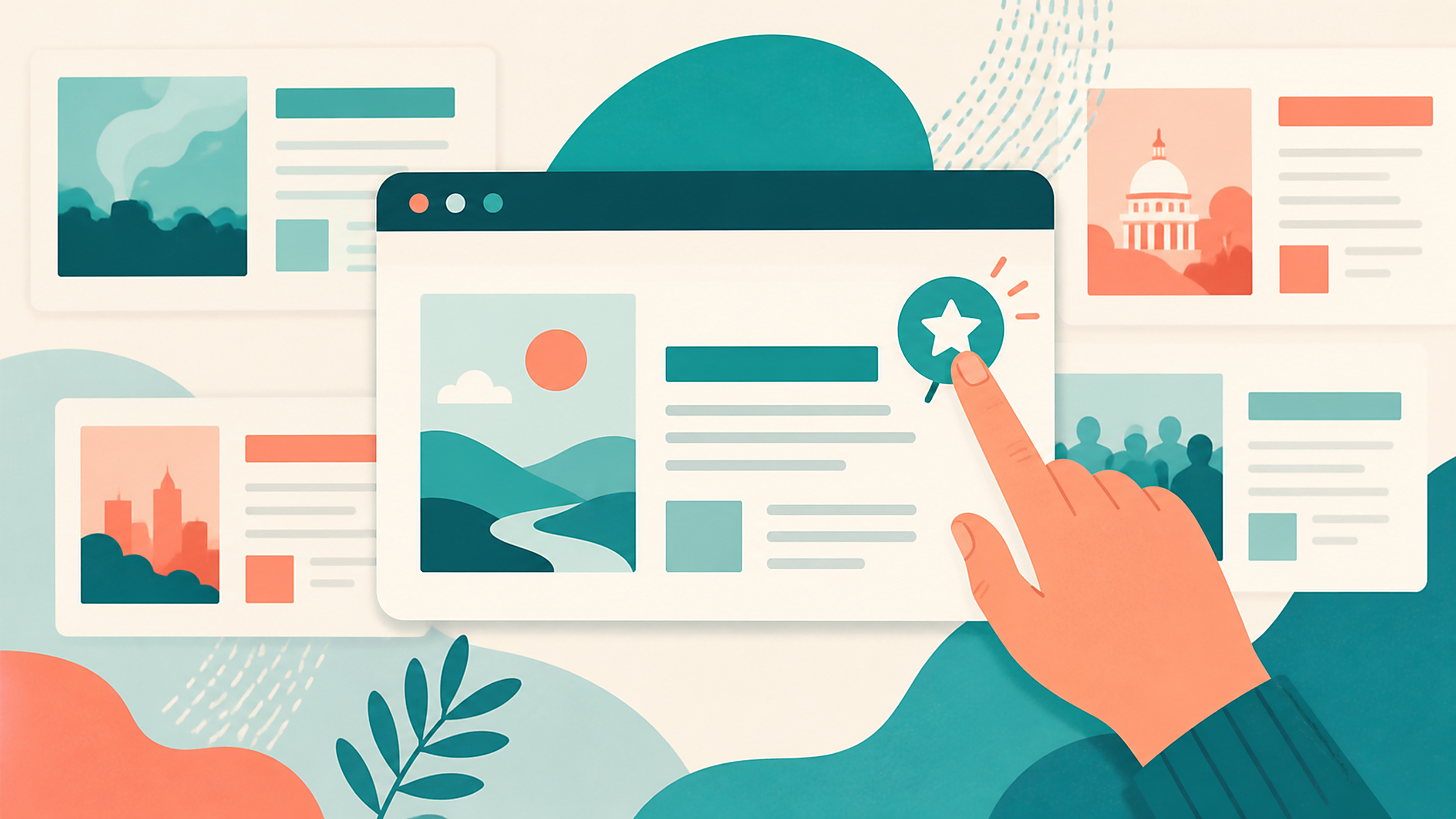 Flat vector illustration of a reader's hand tapping a star-shaped favorite source badge beside a simple website browser card, with abstract news cards in the background