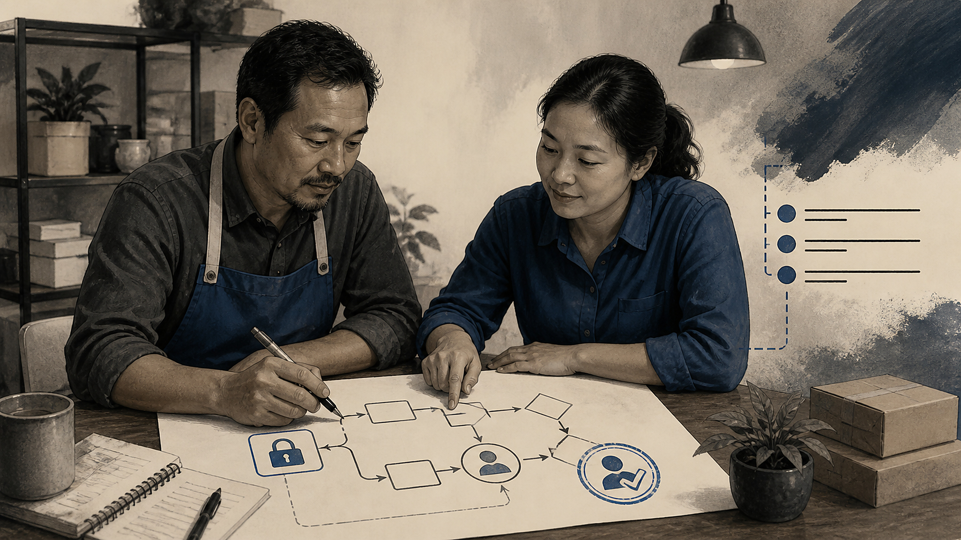 Original illustration of two small-business colleagues reviewing an AI workflow with a human approval point.