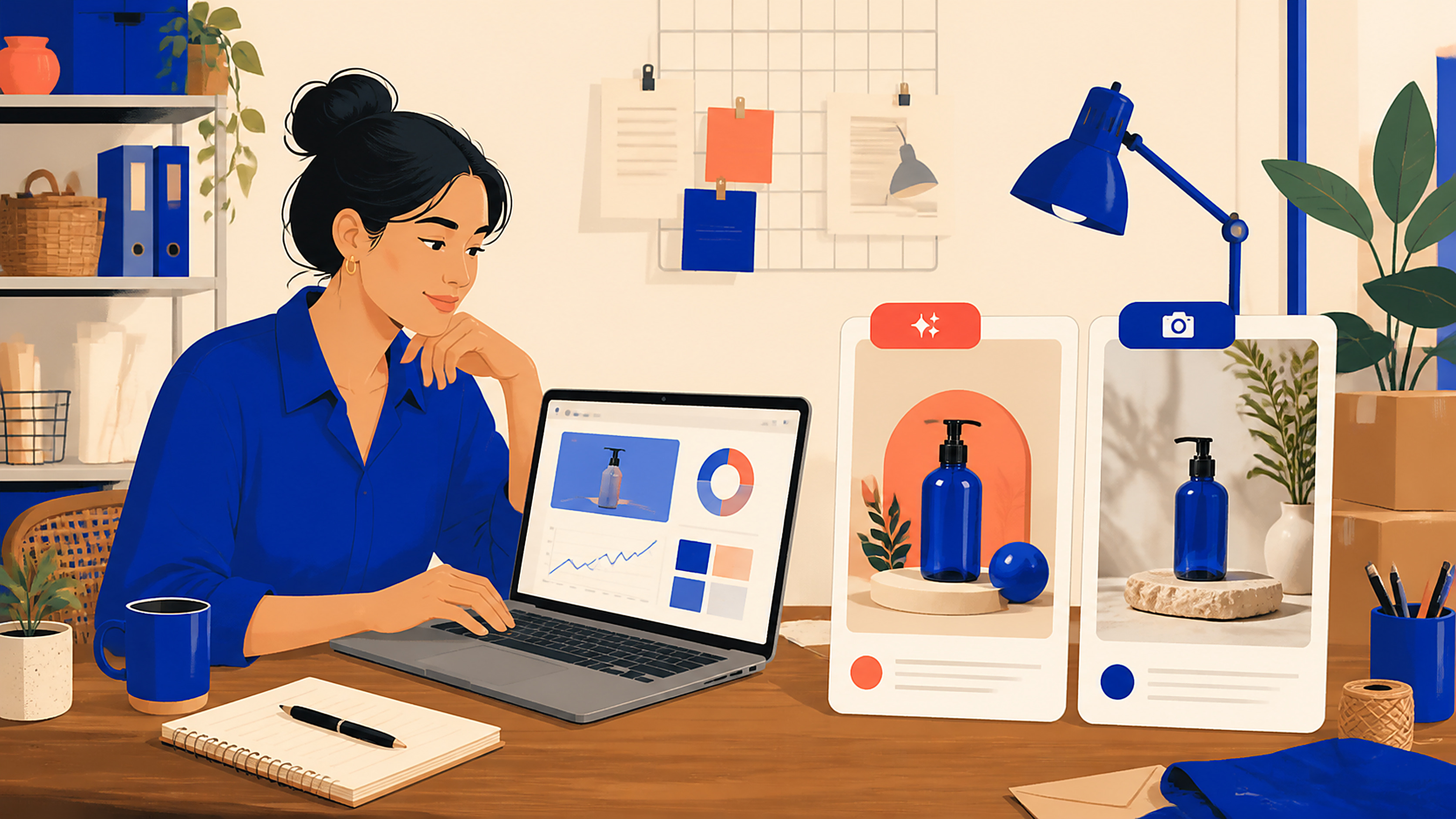 Illustration of a business owner reviewing AI promotional material on a laptop