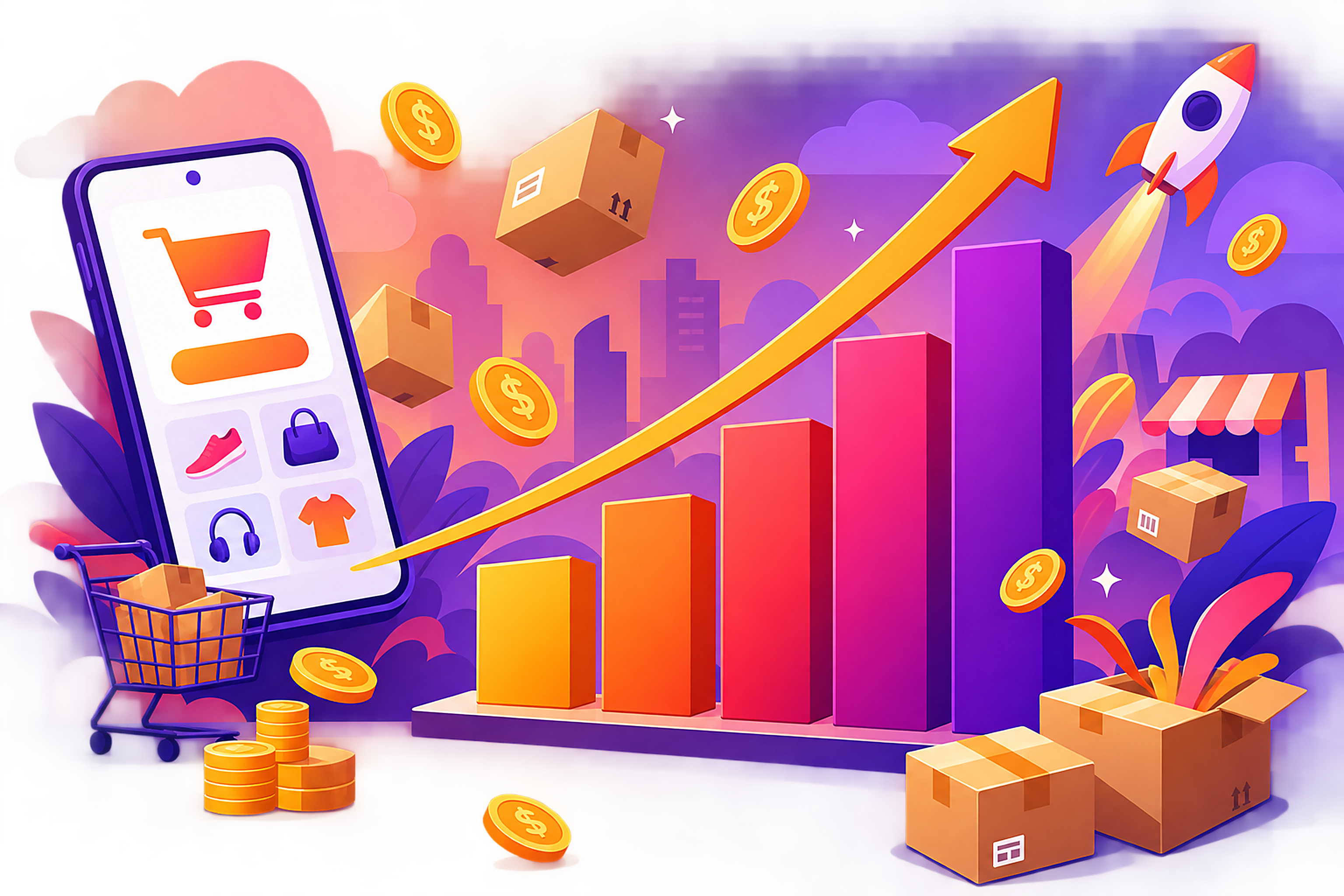 Flat vector illustration of a rising bar chart showing e-commerce transaction growth, surrounded by package box icons, a phone with a shopping cart, and small floating dollar coins