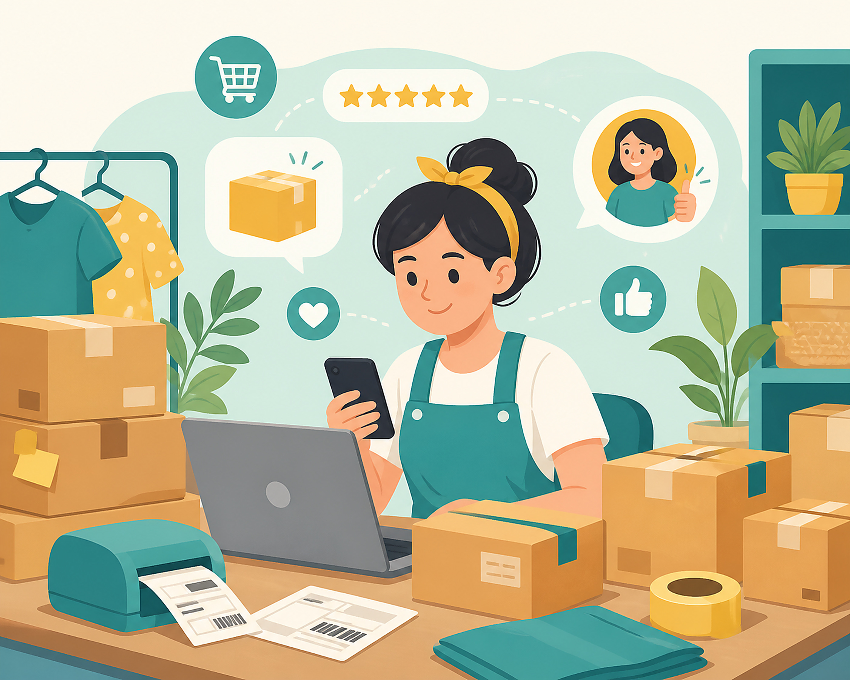 Flat vector illustration of a small business owner managing an online store on a laptop and phone, surrounded by packages ready to ship and shipping labels