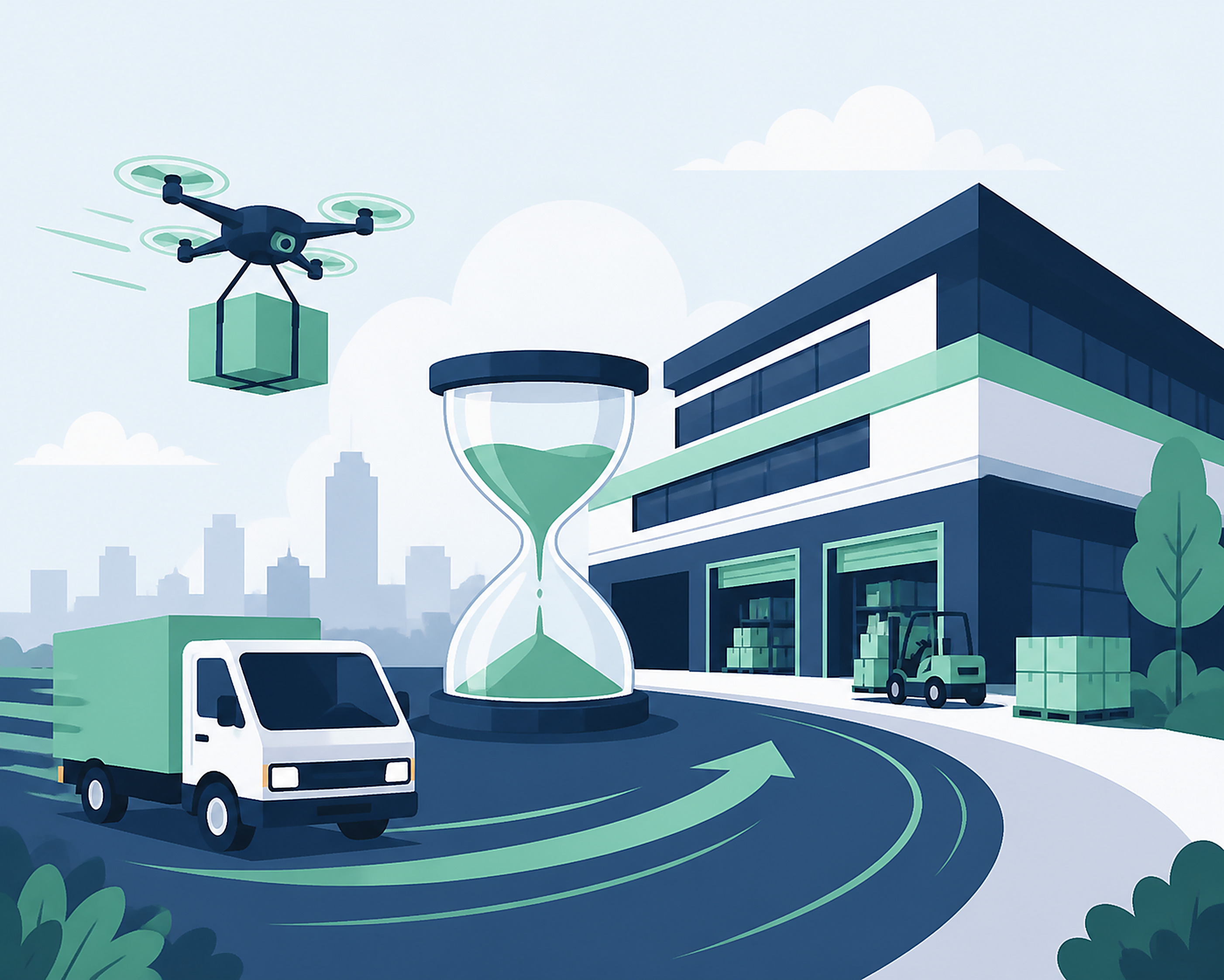 Flat vector illustration of a small delivery truck and courier heading toward a modern logistics warehouse, with an hourglass in the center symbolizing shipping time pressure