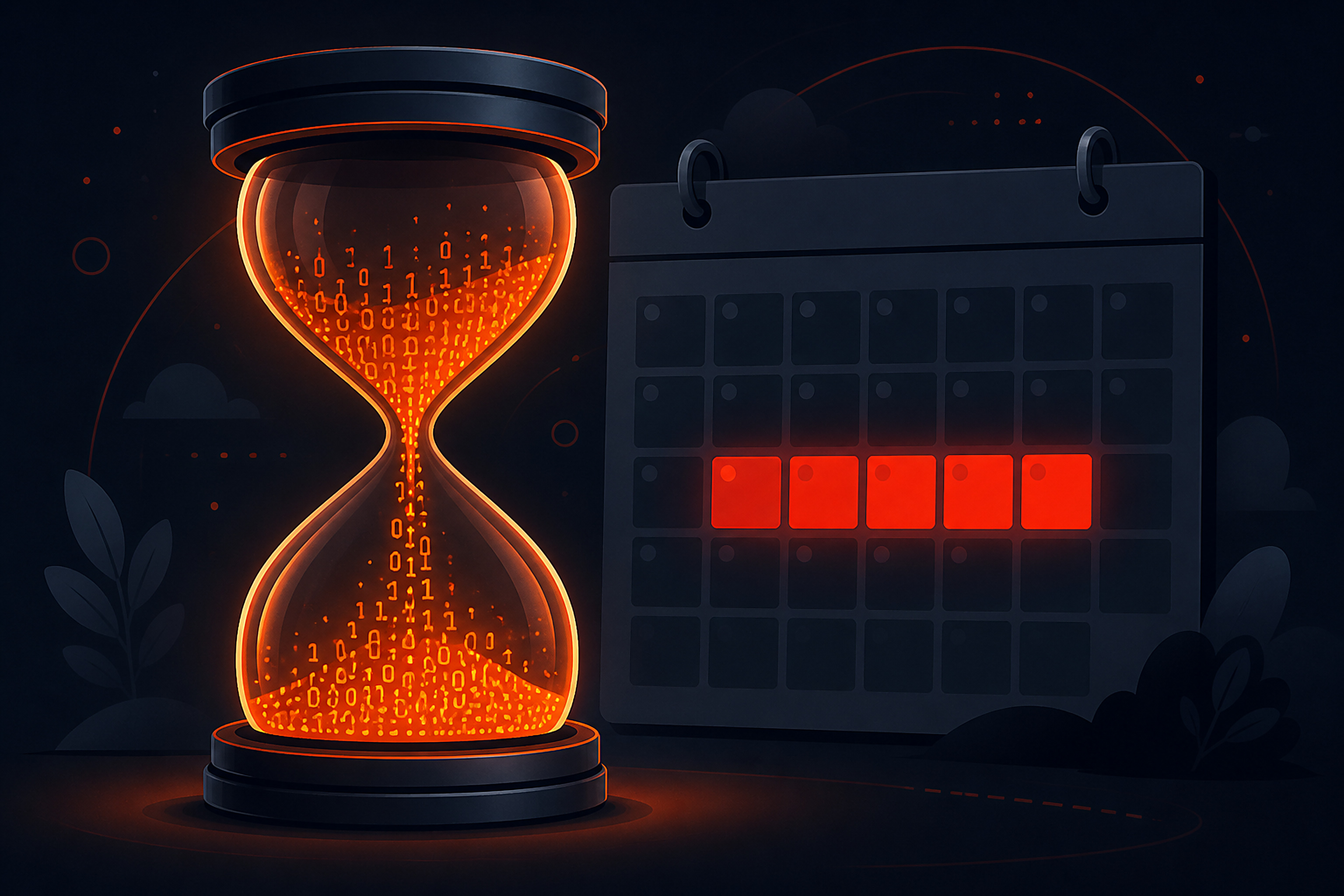 Conceptual illustration of a glowing digital hourglass with binary code sand next to a calendar highlighting a five-day window