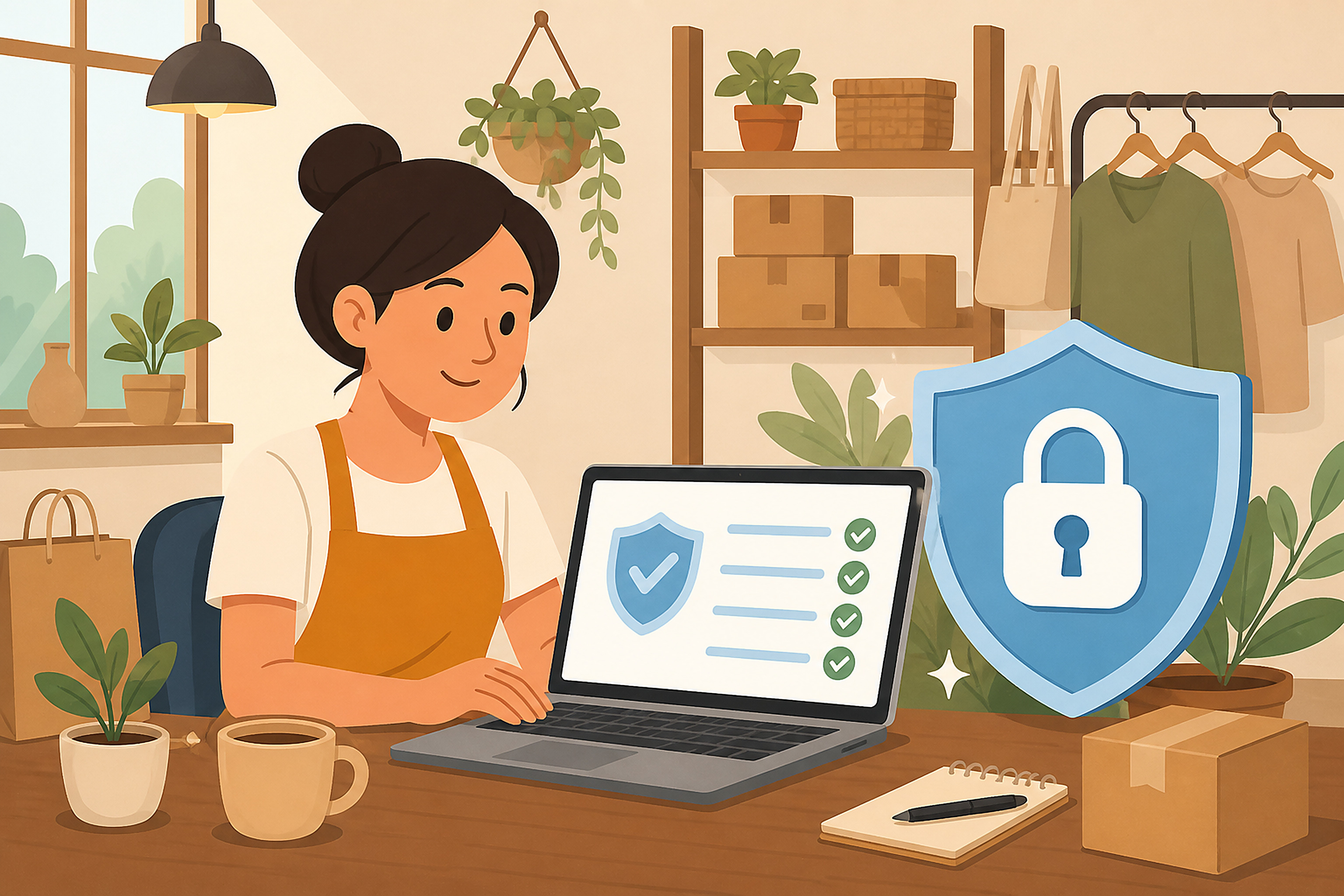 Conceptual illustration of a small business owner reviewing a website security checklist at a desk with a shield and closed padlock icon