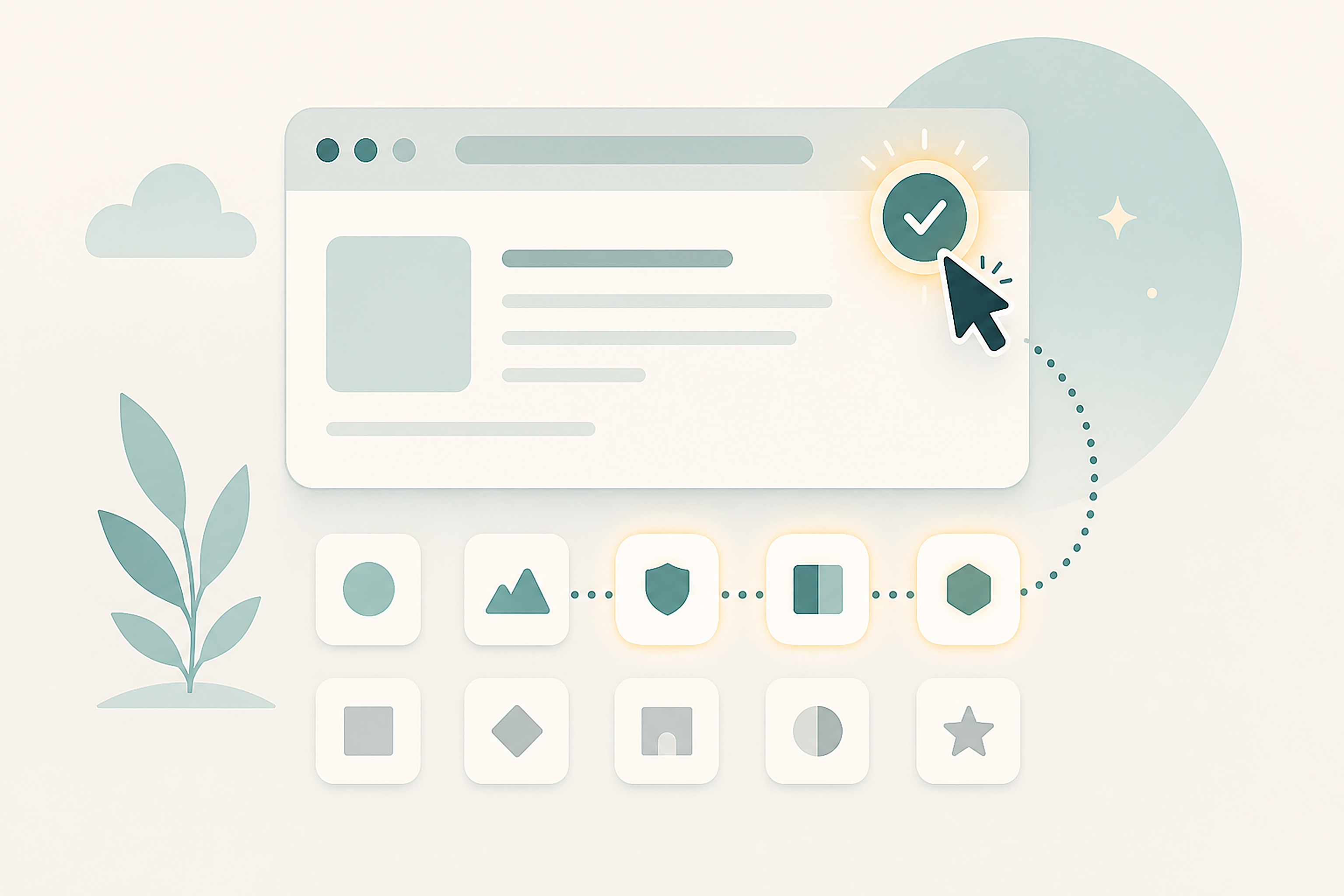 Flat illustration of a browser window with a glowing checkmark badge being clicked, above a grid of small website icons lighting up one by one
