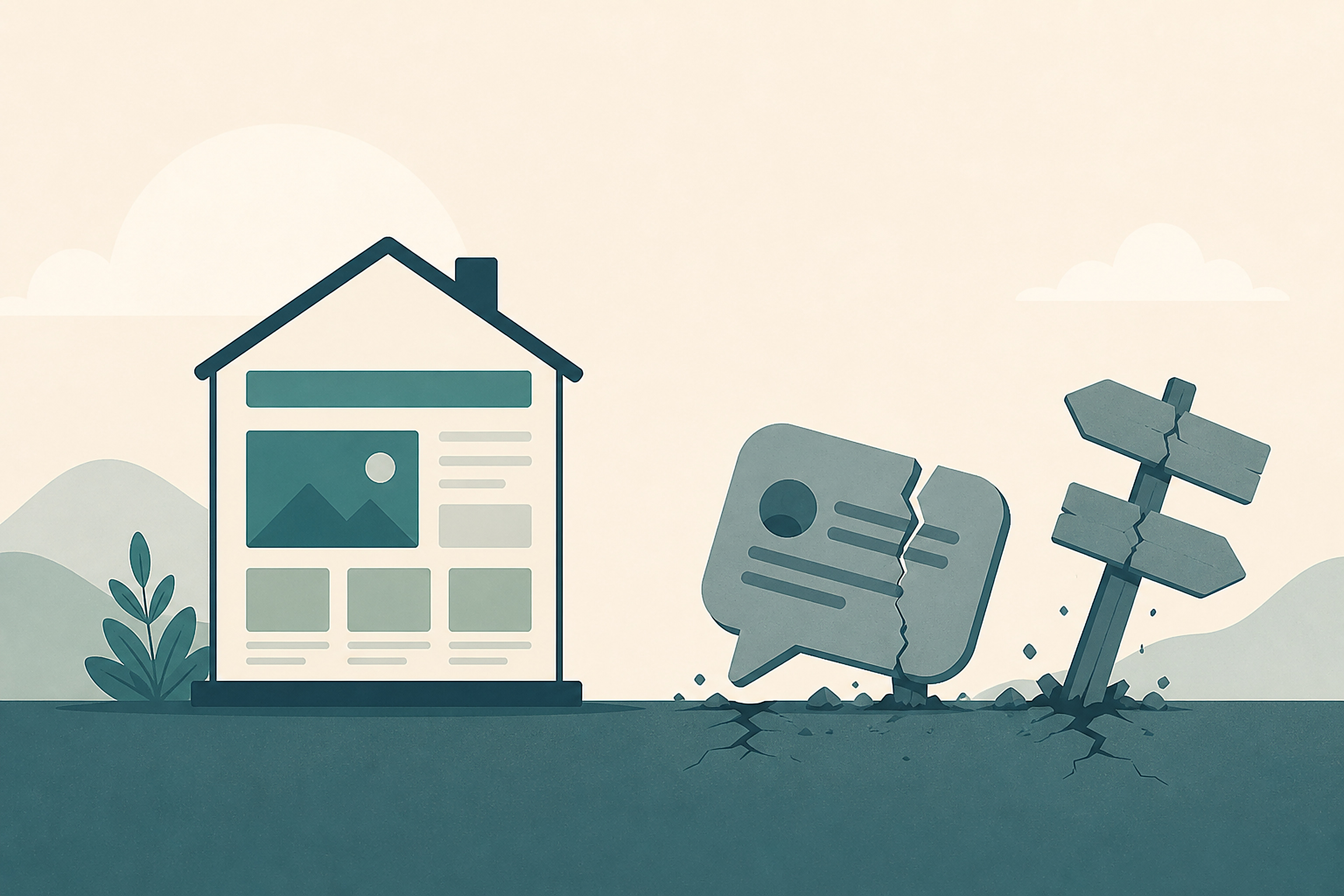 Flat illustration of a small independent website icon standing steady while a cracked forum bubble and a toppling signpost icon fall over nearby