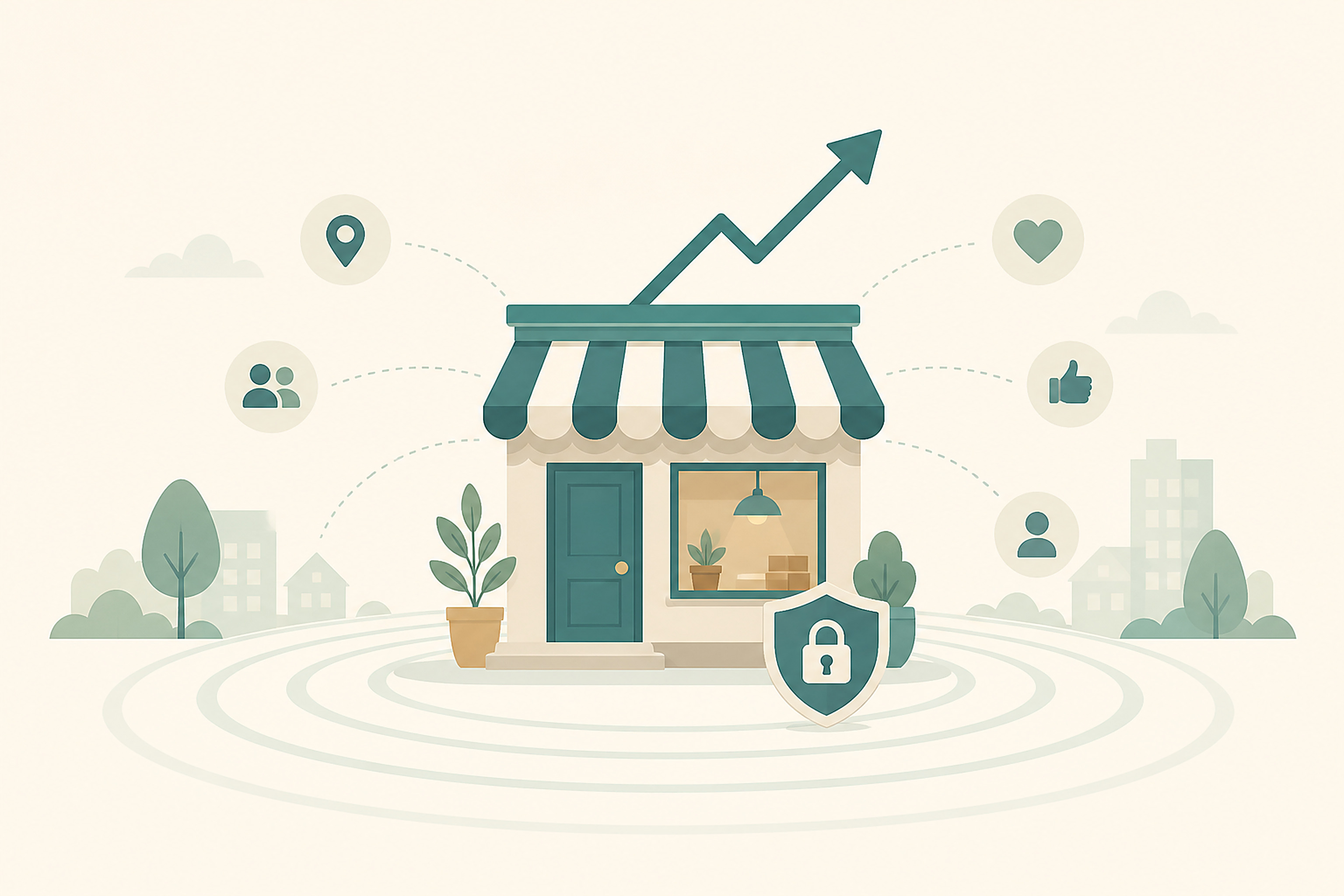 Flat illustration of a small storefront icon with a growth arrow rising from its roof, surrounded by soft ripple circles and a small shield icon at its base