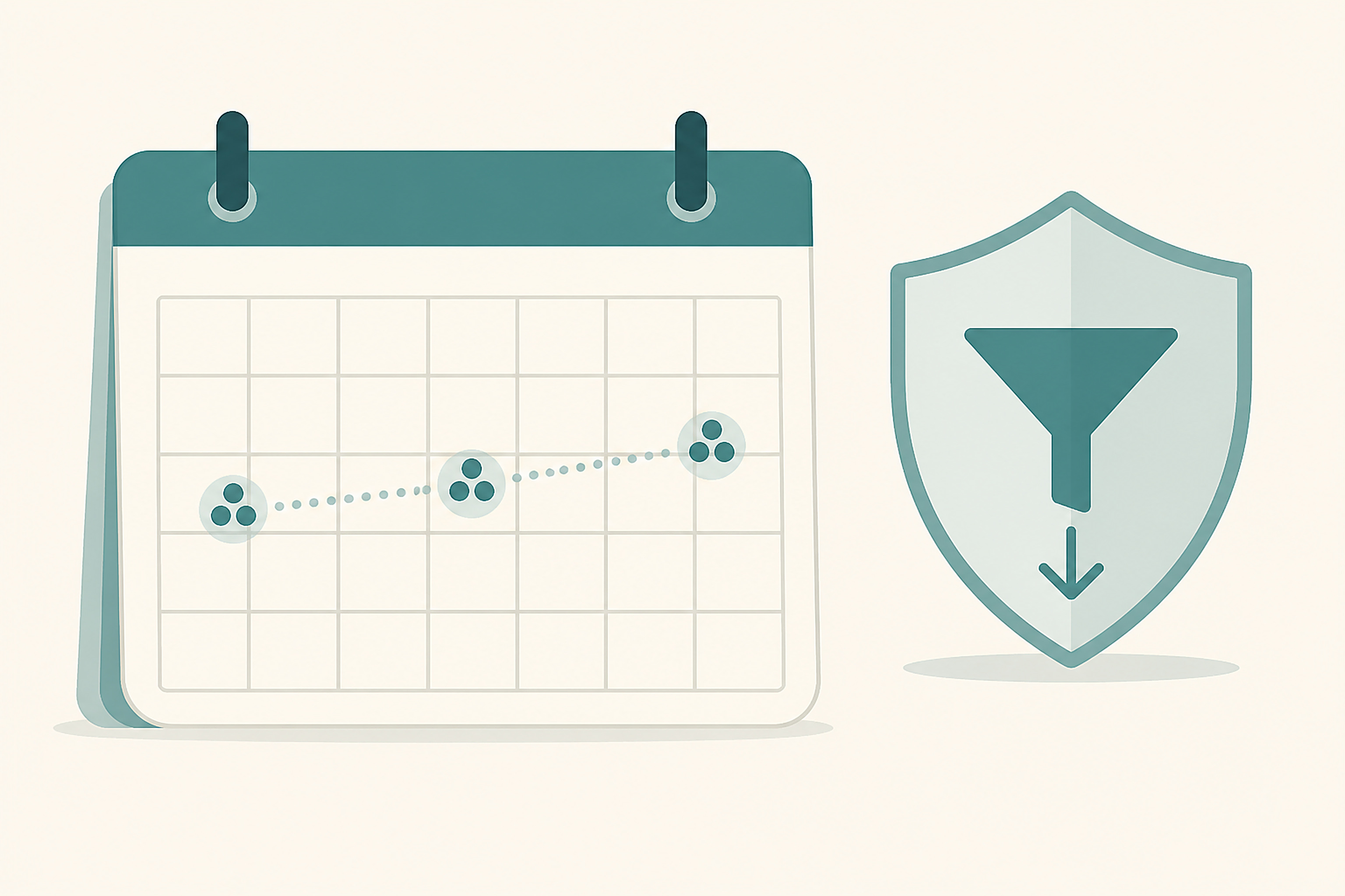 Flat illustration of a calendar grid with three connected dot clusters marking dates, next to a shield icon with a filter funnel