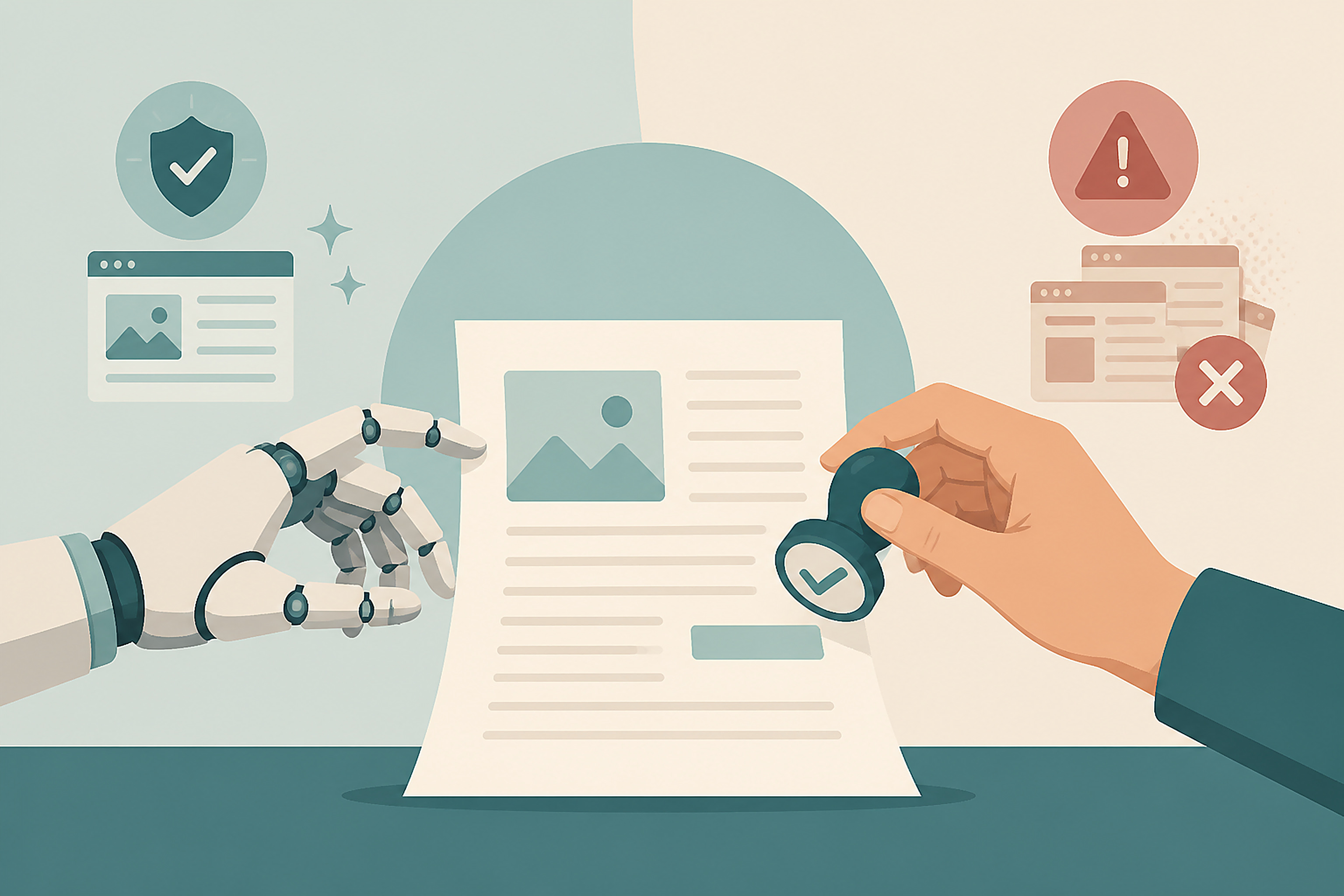 Flat illustration of a robotic hand and a human hand reaching toward a document, with the human hand holding a checkmark stamp above it