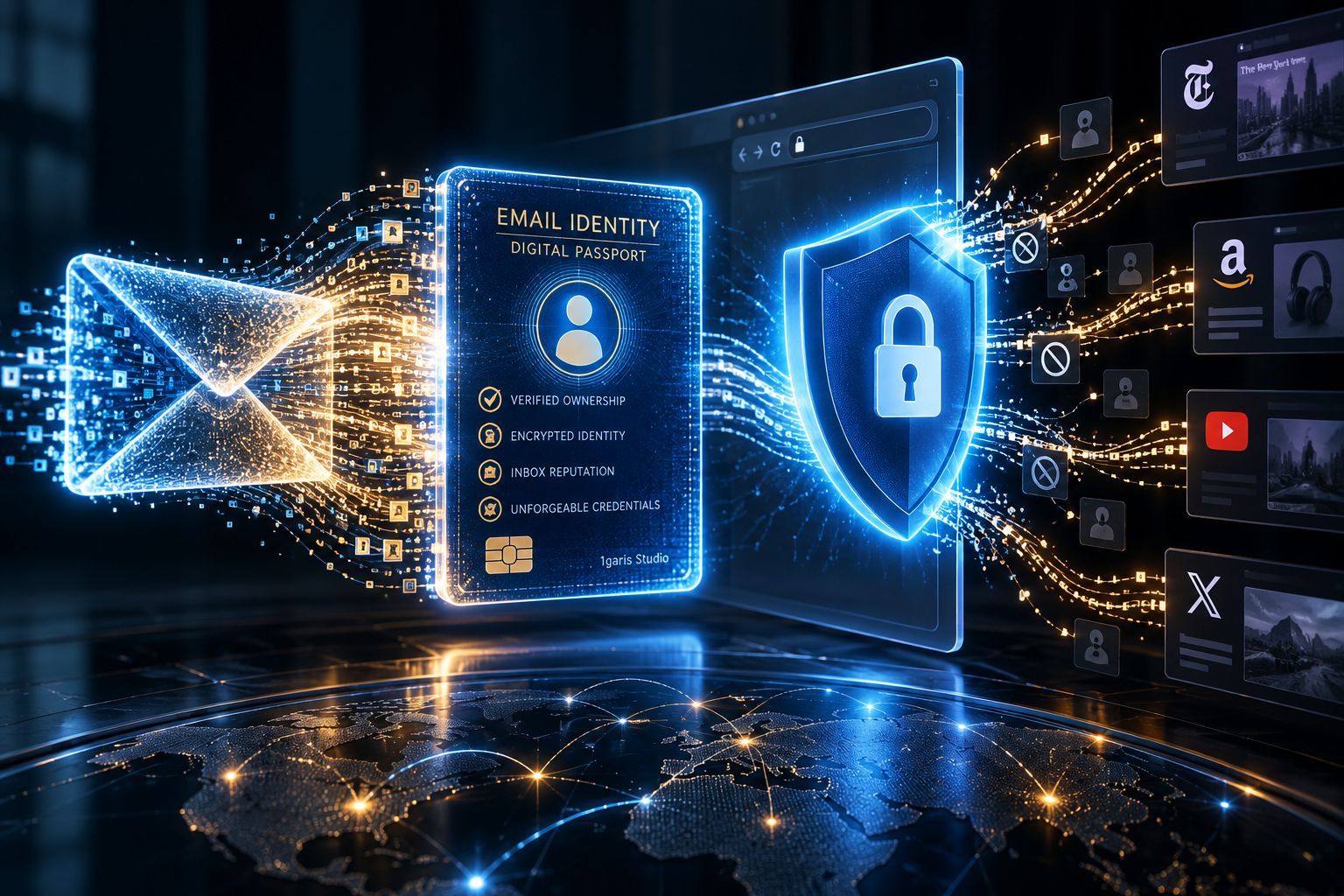 High-tech conceptual editorial illustration of an email envelope transforming into an unforgeable digital passport, with a luminous browser security shield cleanly intercepting covert tracking pathways.