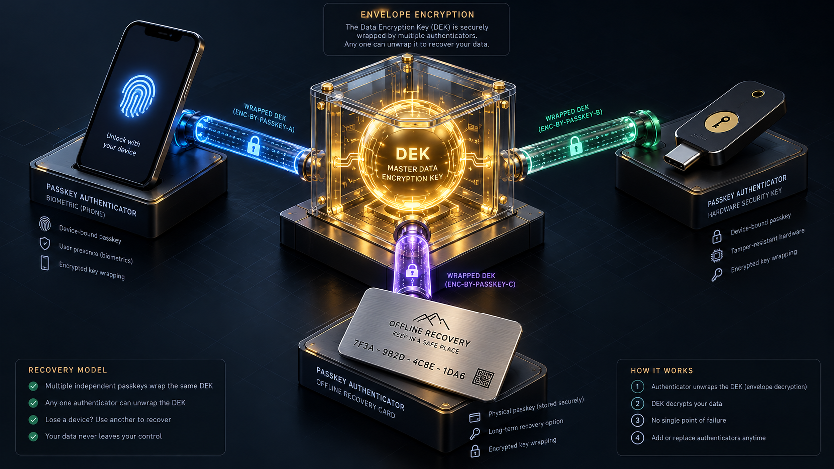 Diagram arsitektur 3D editorial memperlihatkan Envelope Encryption tempat satu Kunci Enkripsi Data utama dibungkus secara independen oleh beberapa Kunci Enkripsi Kunci passkey.