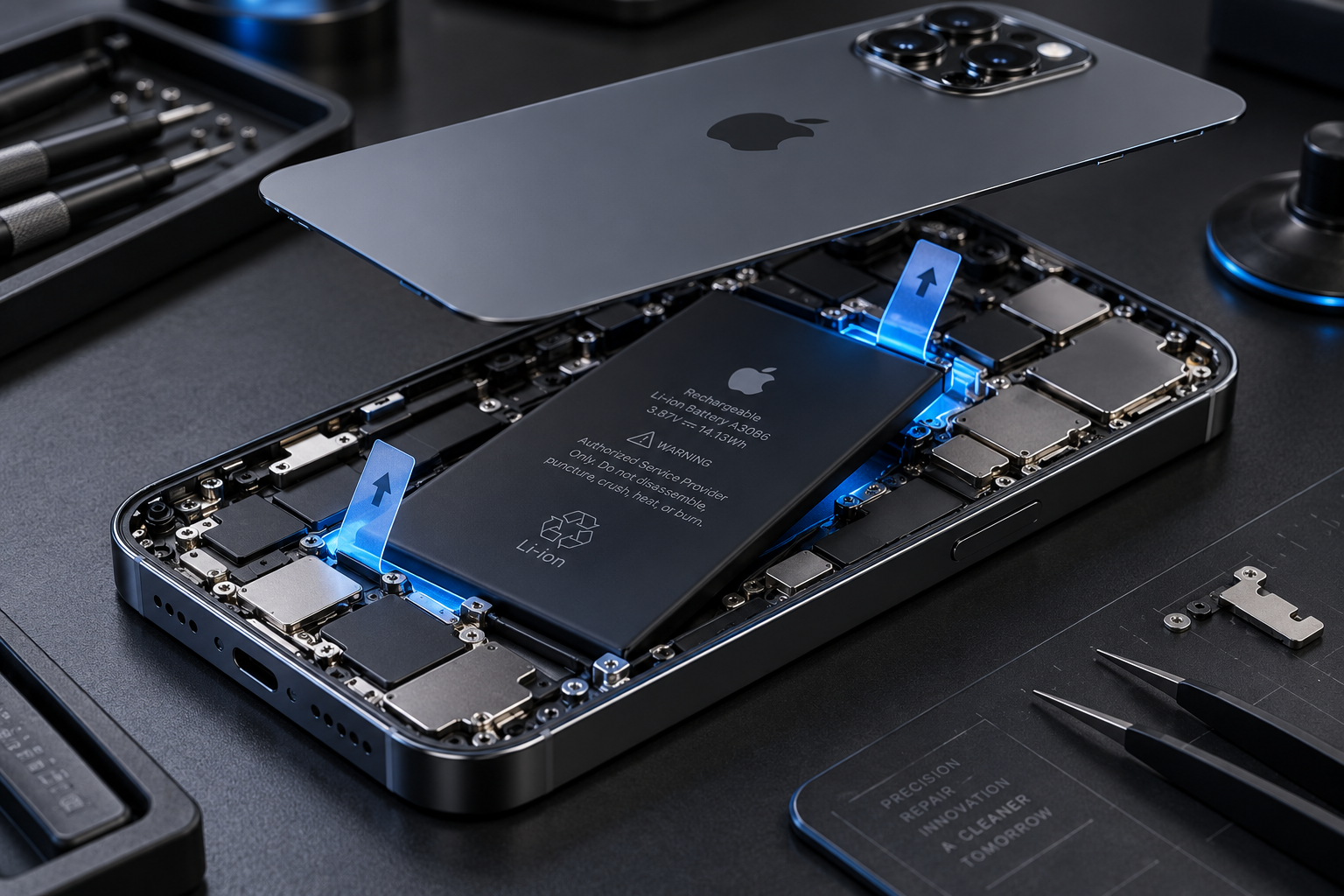High-tech editorial photograph of a modern premium smartphone disassembled on a dark workbench, showing the battery pack cleanly released without industrial glue.