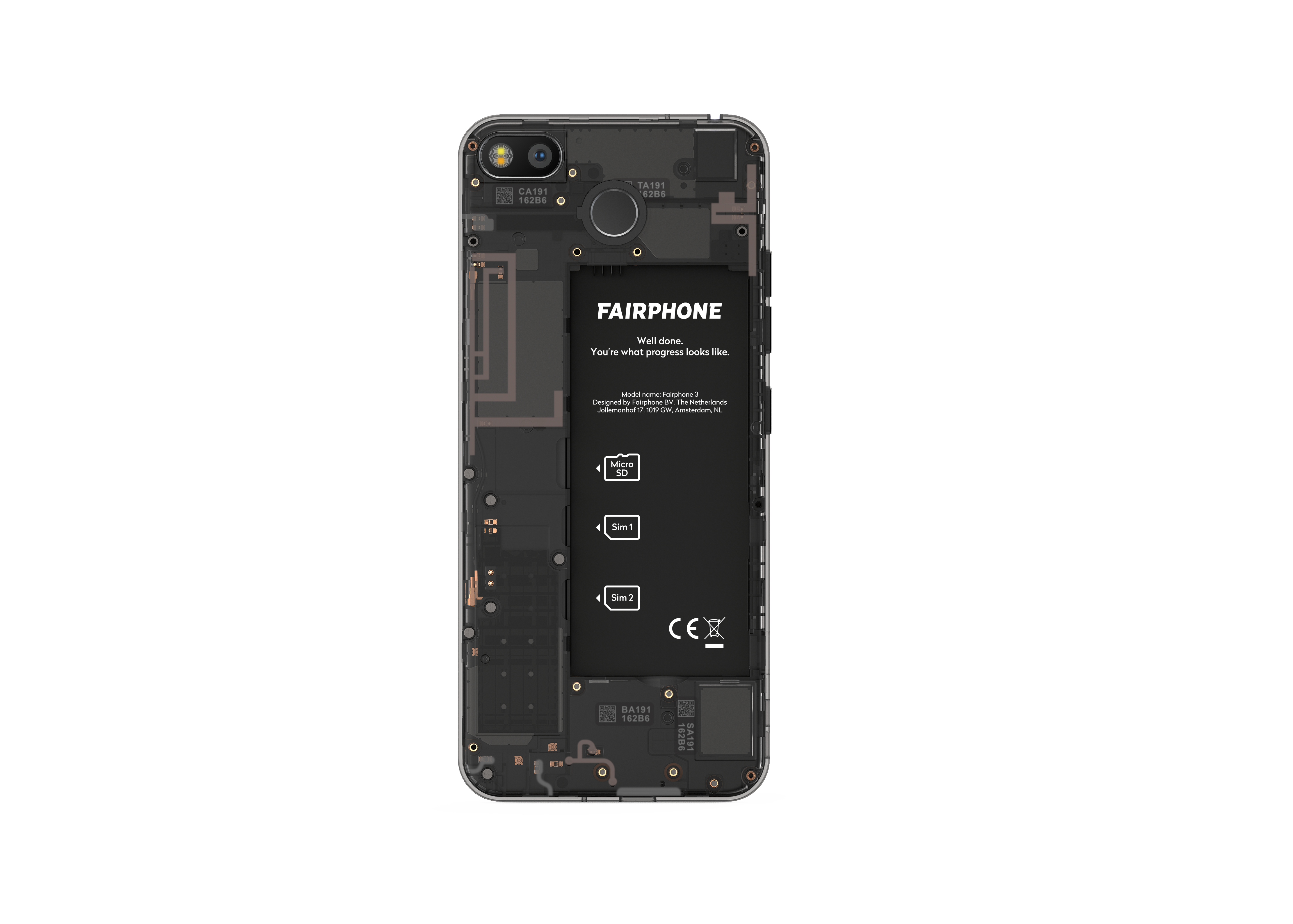 Fairphone modular smartphone removable battery pack showing user-replaceable battery design.