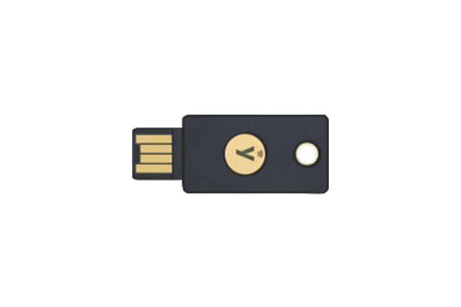 FIDO2-capable YubiKey 5 NFC hardware security key supporting cryptographic WebAuthn credentials.