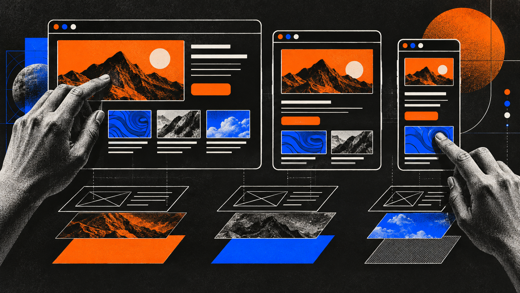 Illustration of the same web layout tested in desktop, tablet, and mobile browser frames.