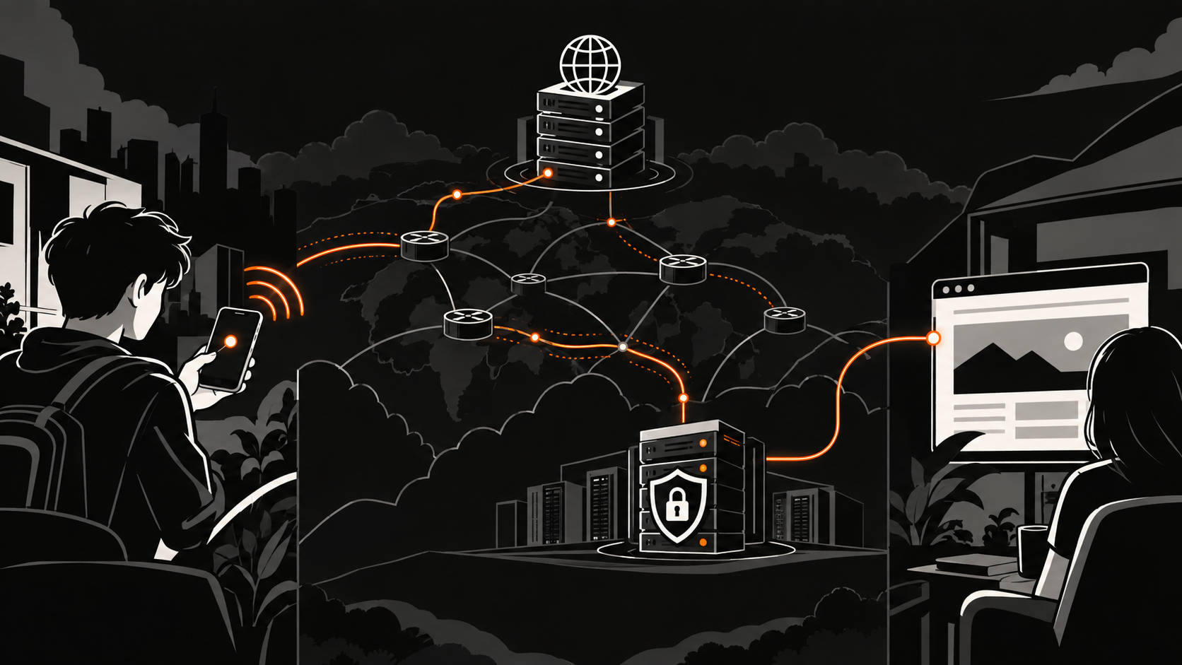 Illustration of a web request moving between devices, network nodes, and secure servers.
