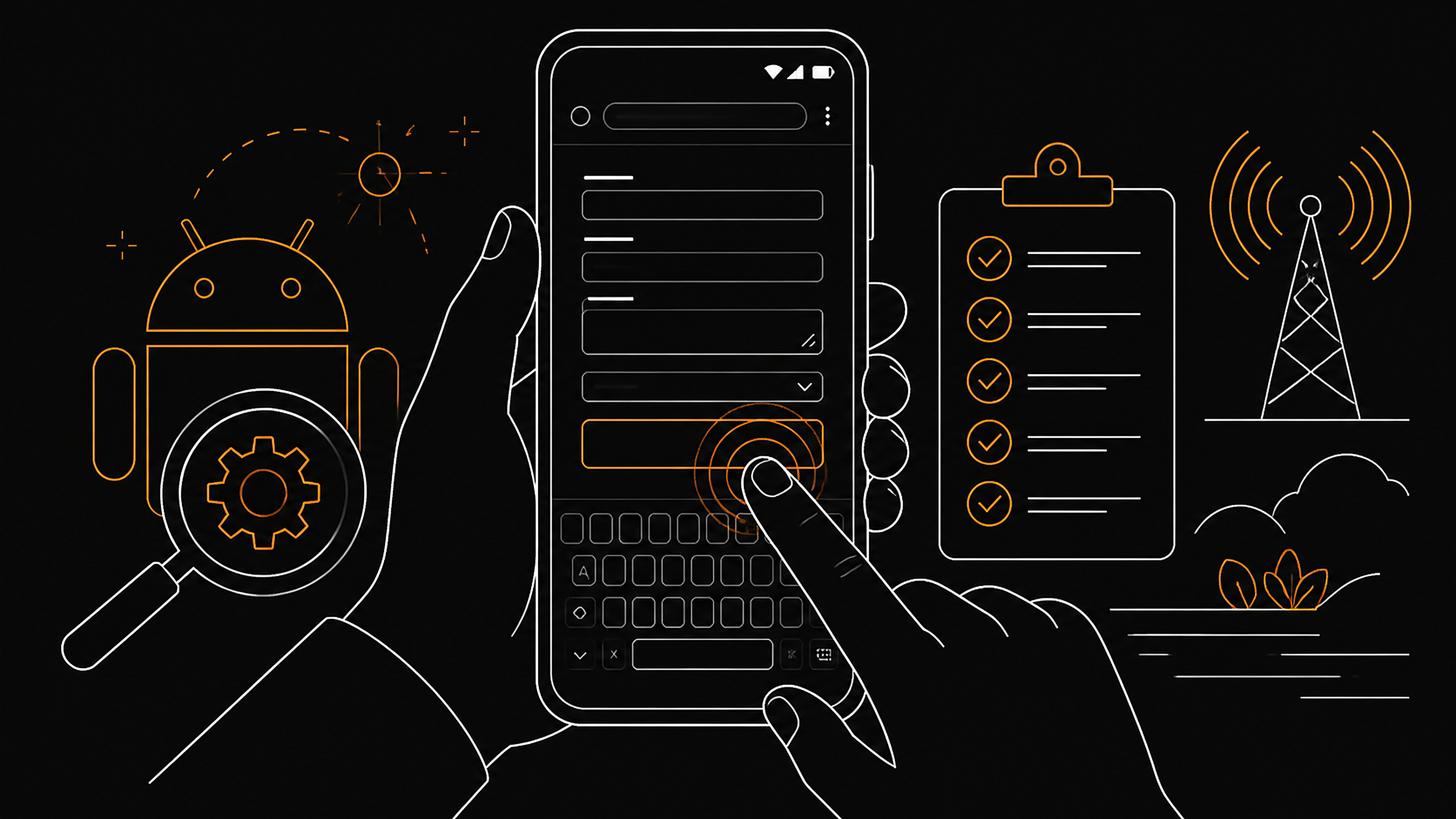 Ilustrasi editorial ponsel Android, formulir web seluler, keyboard, dan checklist pengujian