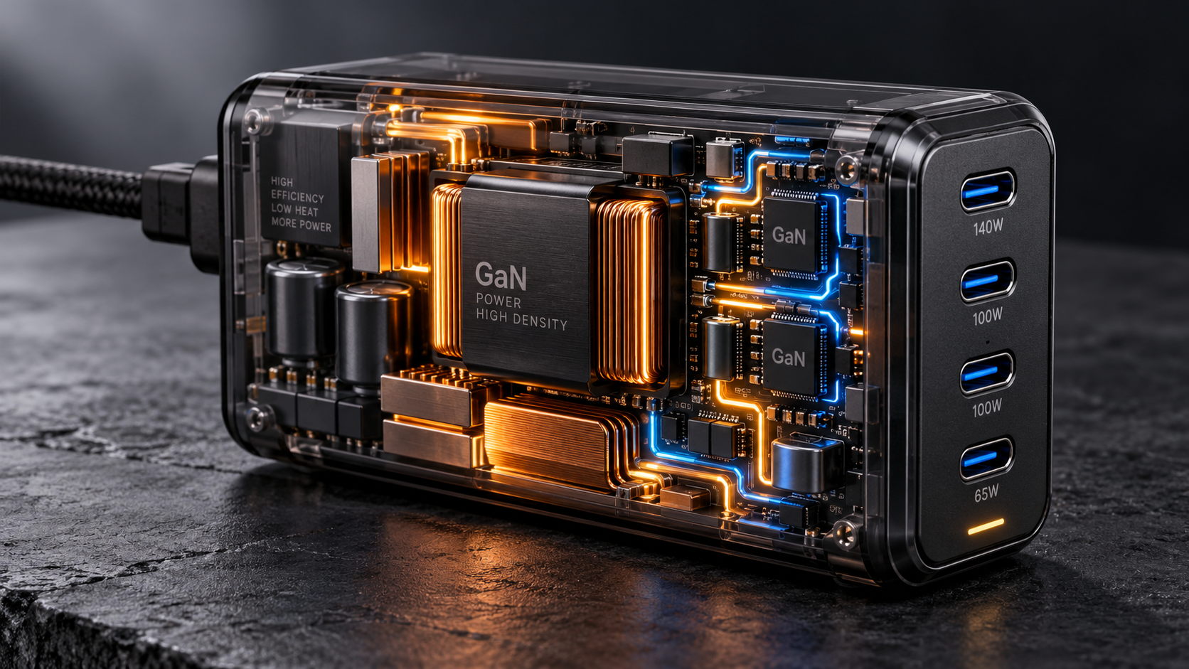 Editorial 3D concept render of a premium multi-port GaN power adapter on a minimalist dark slate surface, with semi-transparent casing revealing glowing copper heatsinks, planar transformer, and USB-C ports with illuminated power traces.