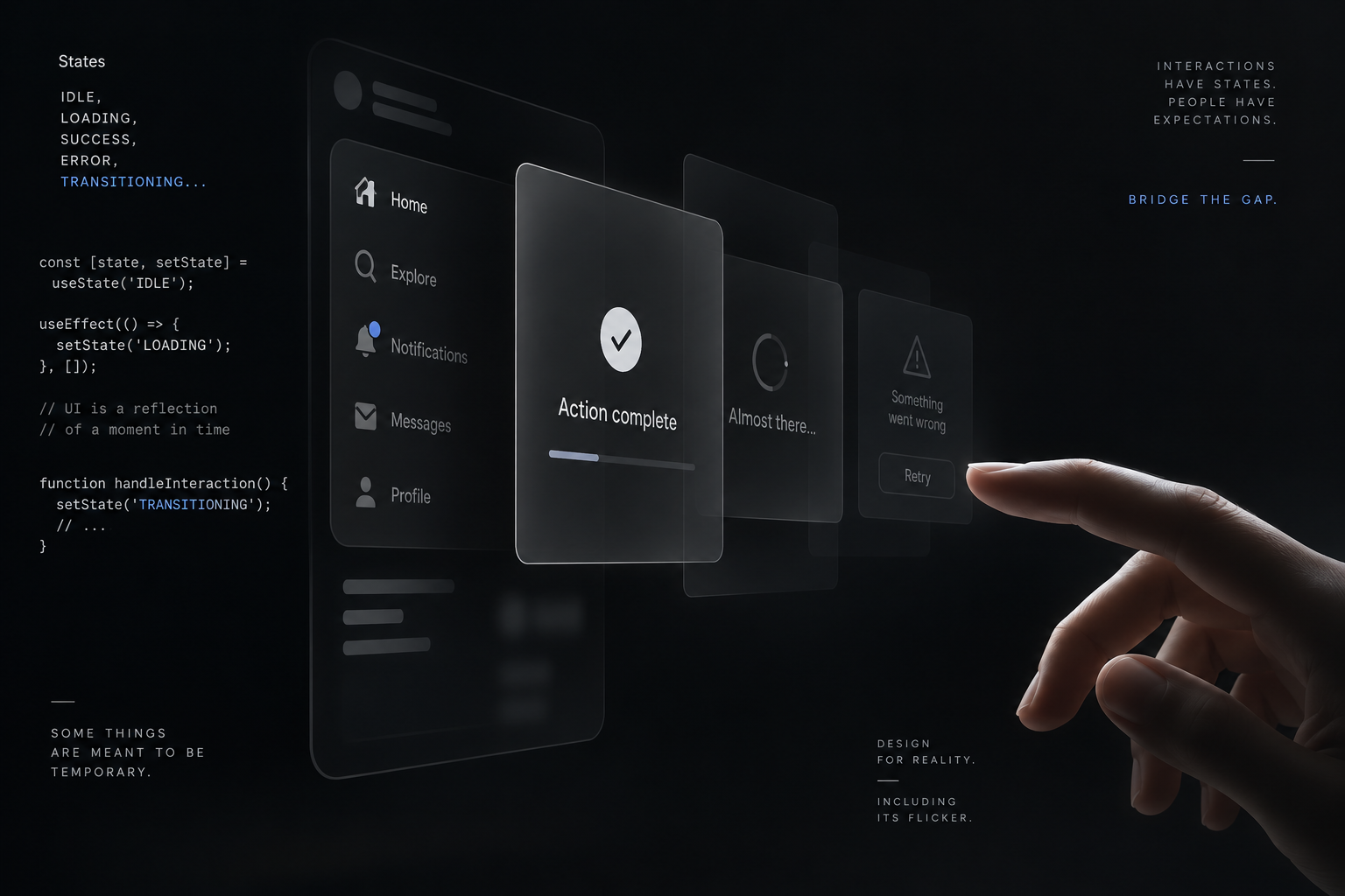 Abstract editorial graphic illustrating digital interface accessibility, state management, and transient DOM layers.