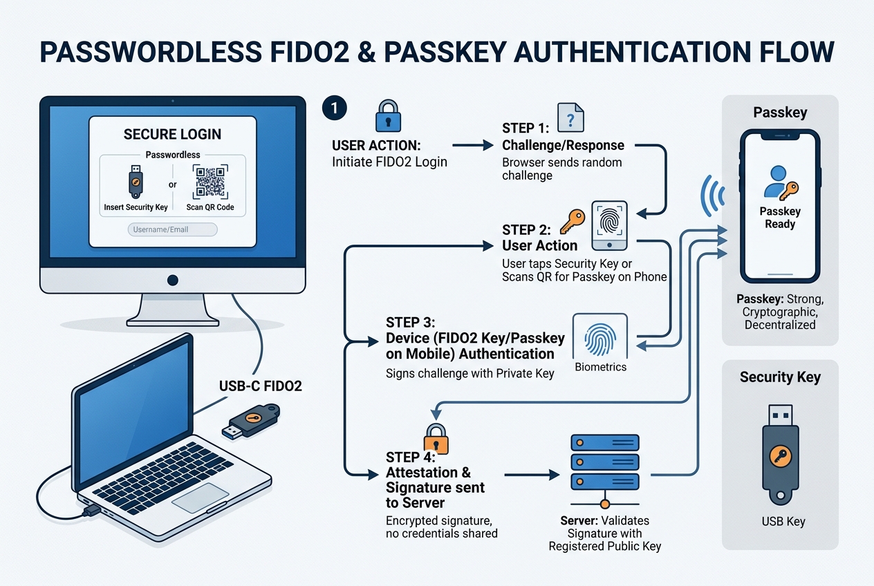 Technical diagram illustrating passwordless FIDO2 security key authentication and passkey flow on a desktop login screen.