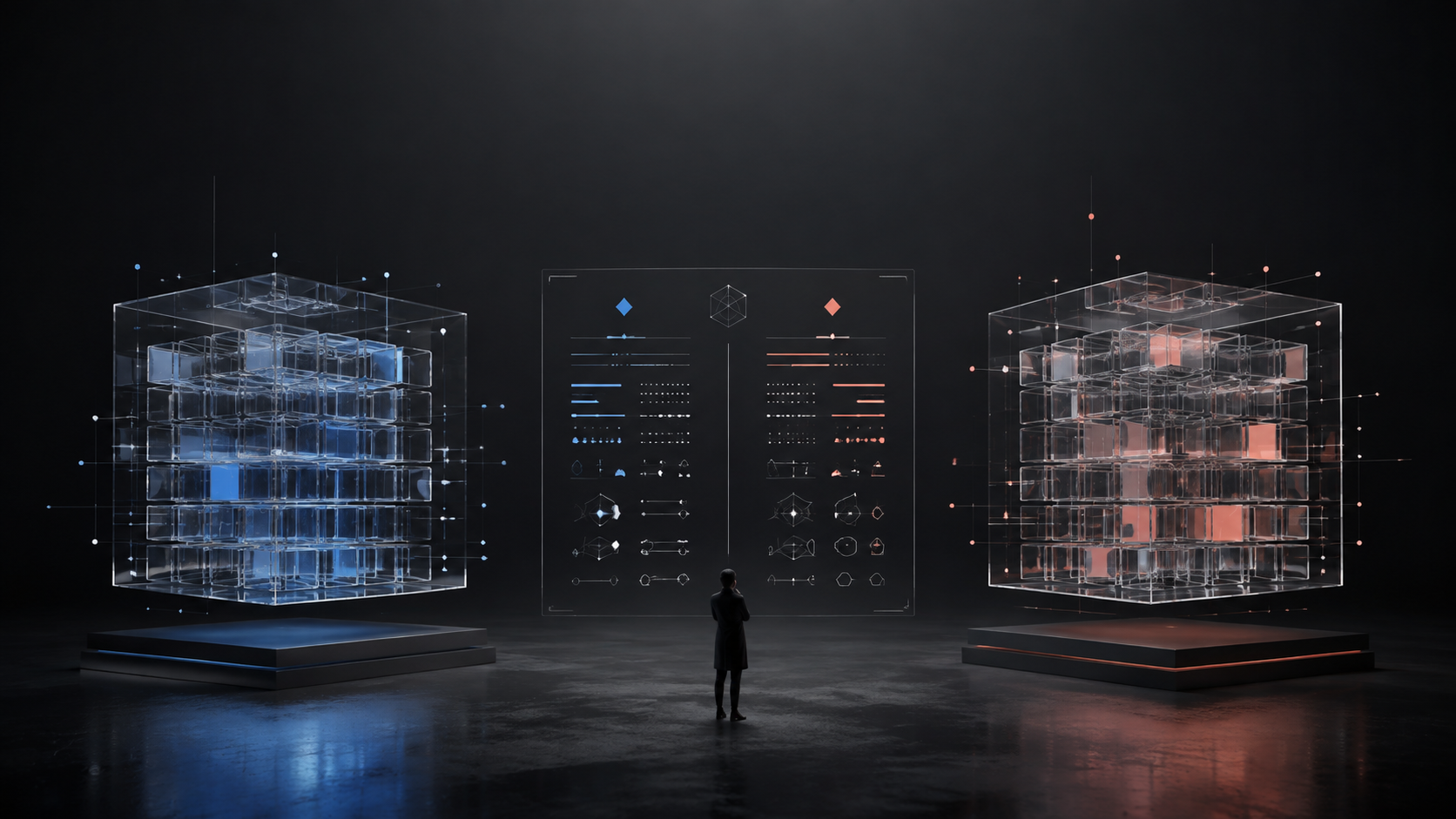Original editorial illustration of two abstract AI systems compared on a benchmark panel.