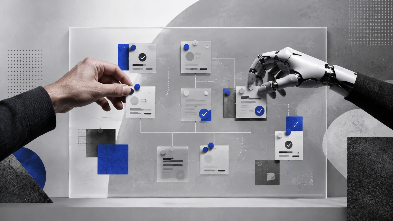 Original editorial illustration of human and AI collaboration around a project board