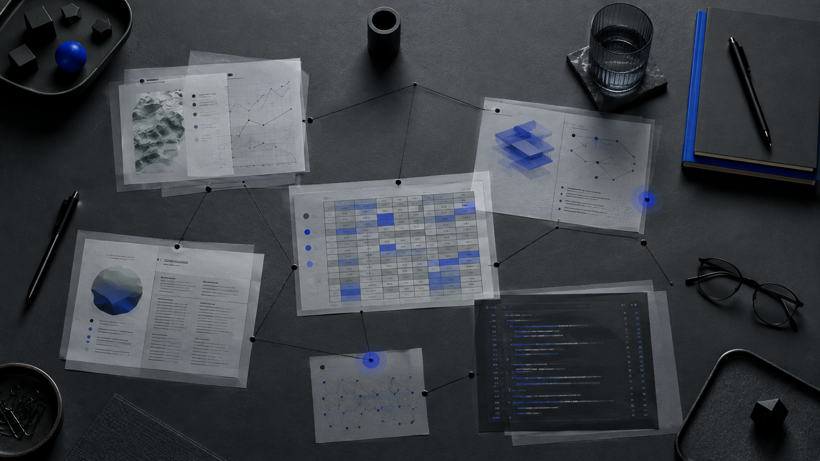 Original editorial illustration of connected professional work artifacts