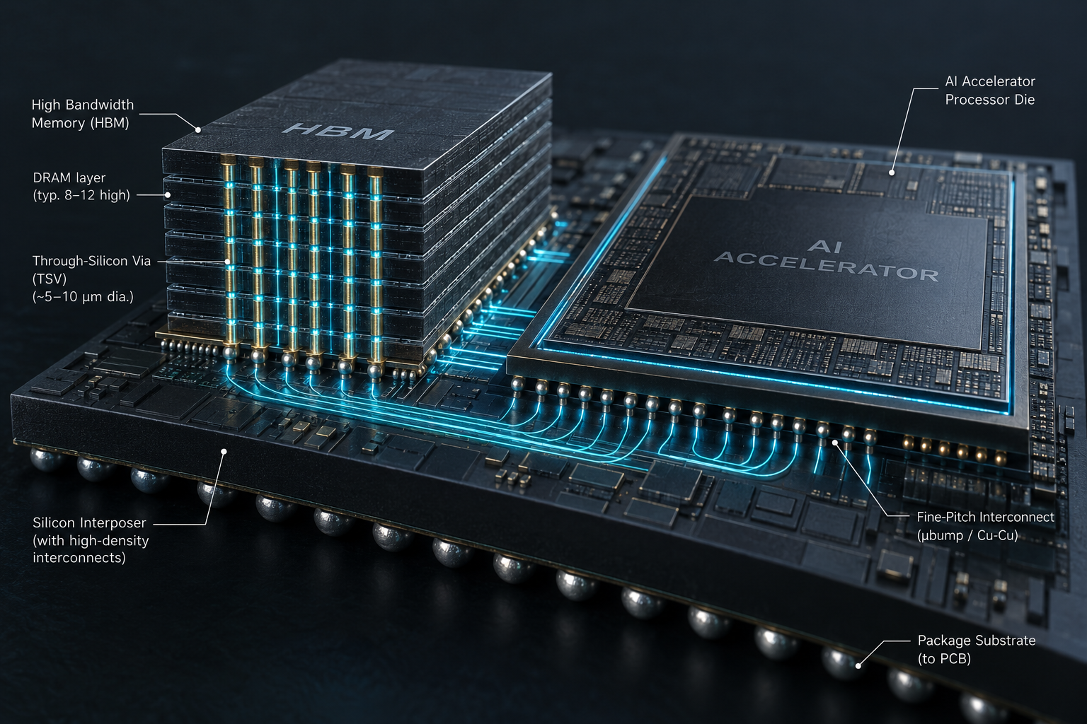Detailed dark 3D technical concept illustration showing a multi-layer High Bandwidth Memory vertical stack with through-silicon vias next to an AI processor die.