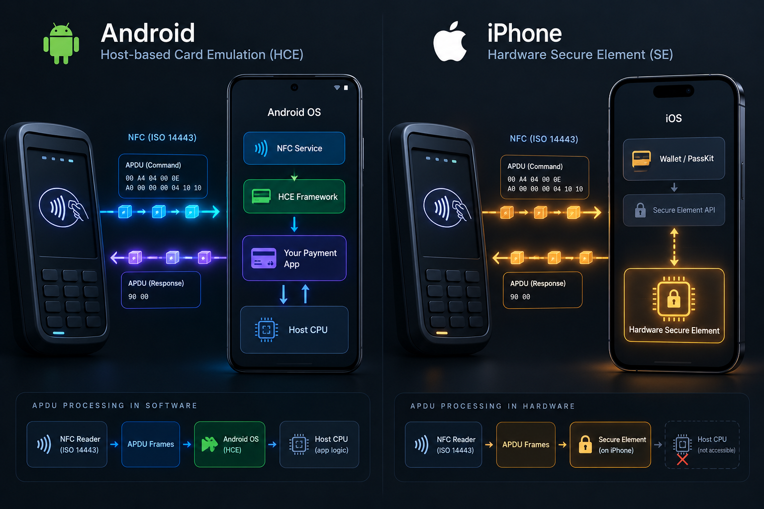 Clean dark-themed technical architecture diagram illustrating Host-based Card Emulation (HCE) on Android versus Hardware Secure Element on iPhone.
