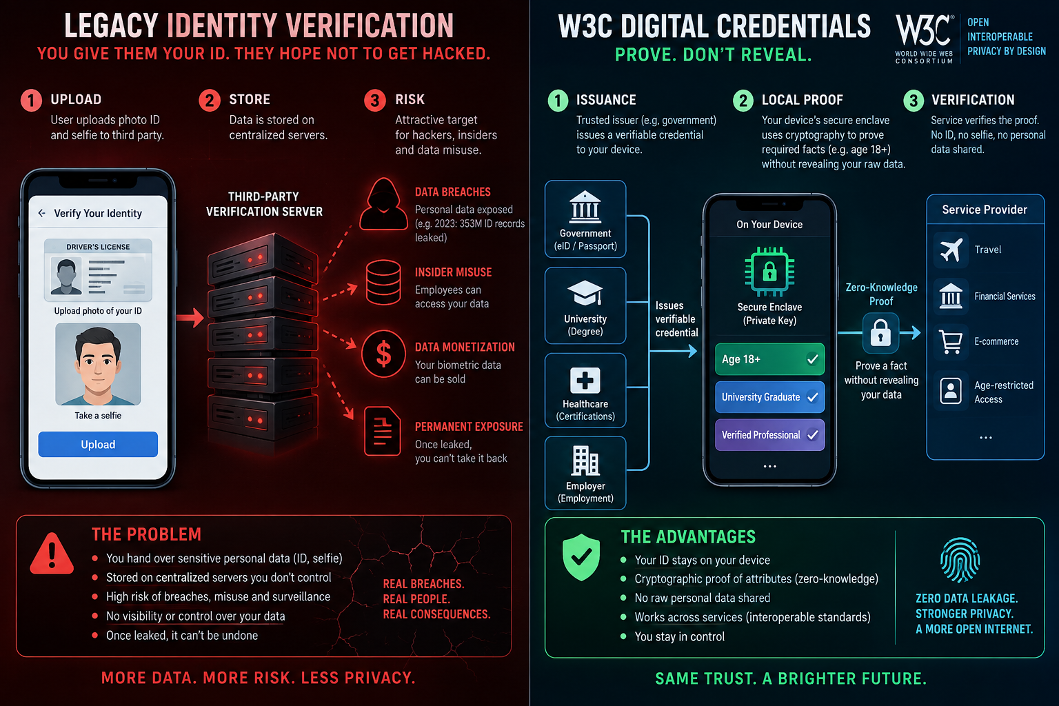 Infographic diagram comparing legacy invasive document upload model with modern decentralized cryptographic credential presentation